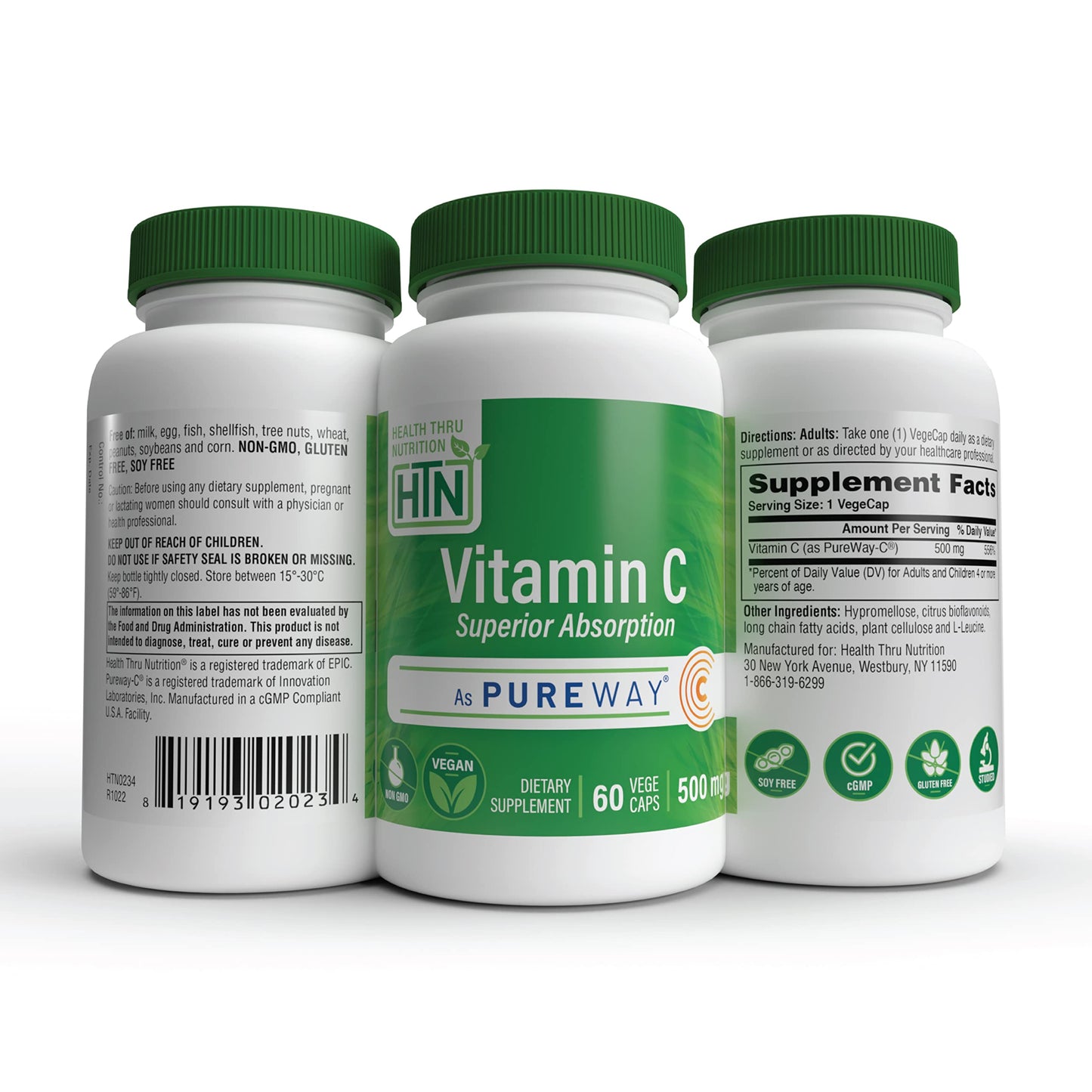 Health Thru Nutrition Vitamin-C 500mg PureWay-C High Absorption Capsules, 60 Count