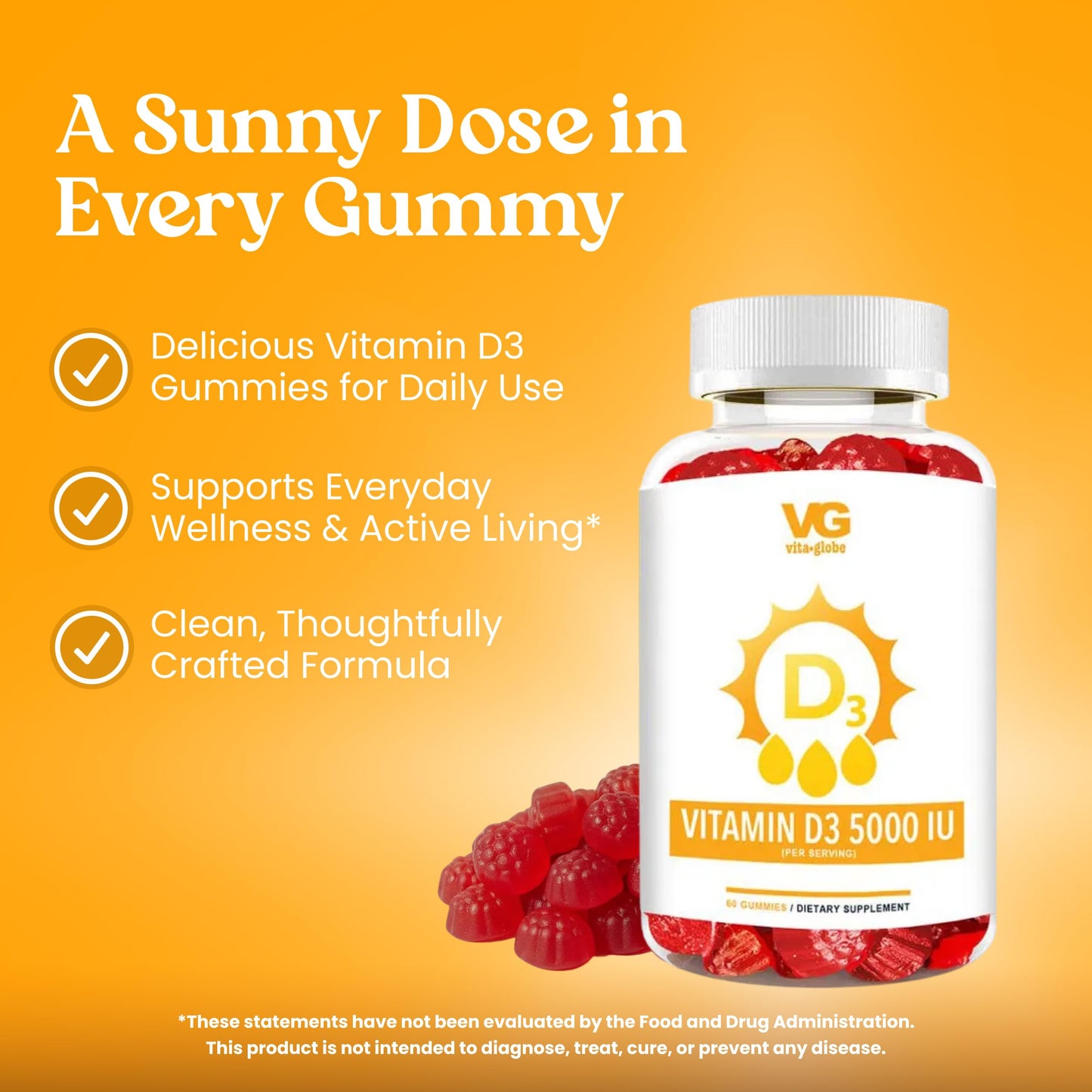 VITA GLOBE Vitamin D3 Gummies, 60 Count
