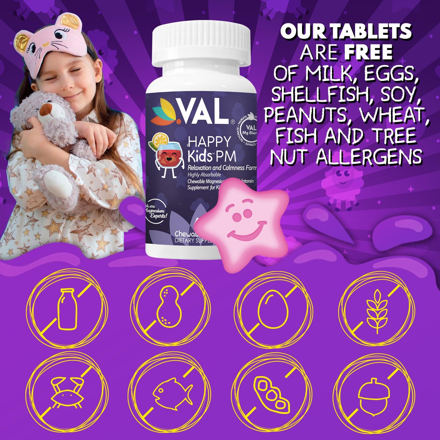 VAL Happy Kids PM Sugar-Free Chewable Magnesium with Melatonin Tablet, 60 Tablets