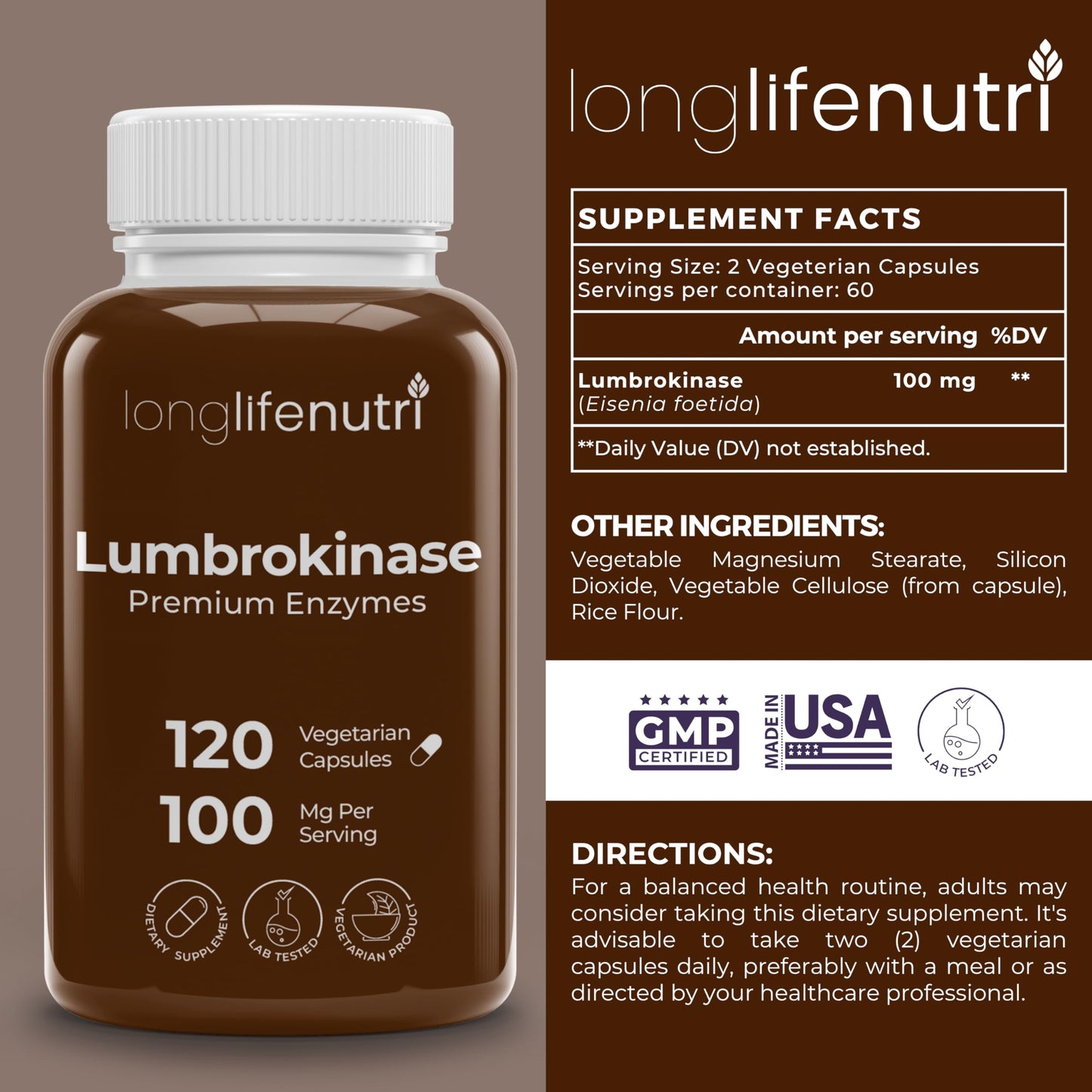 LongLifeNutri Lumbrokinase Supplement 100mg 120 Capsules