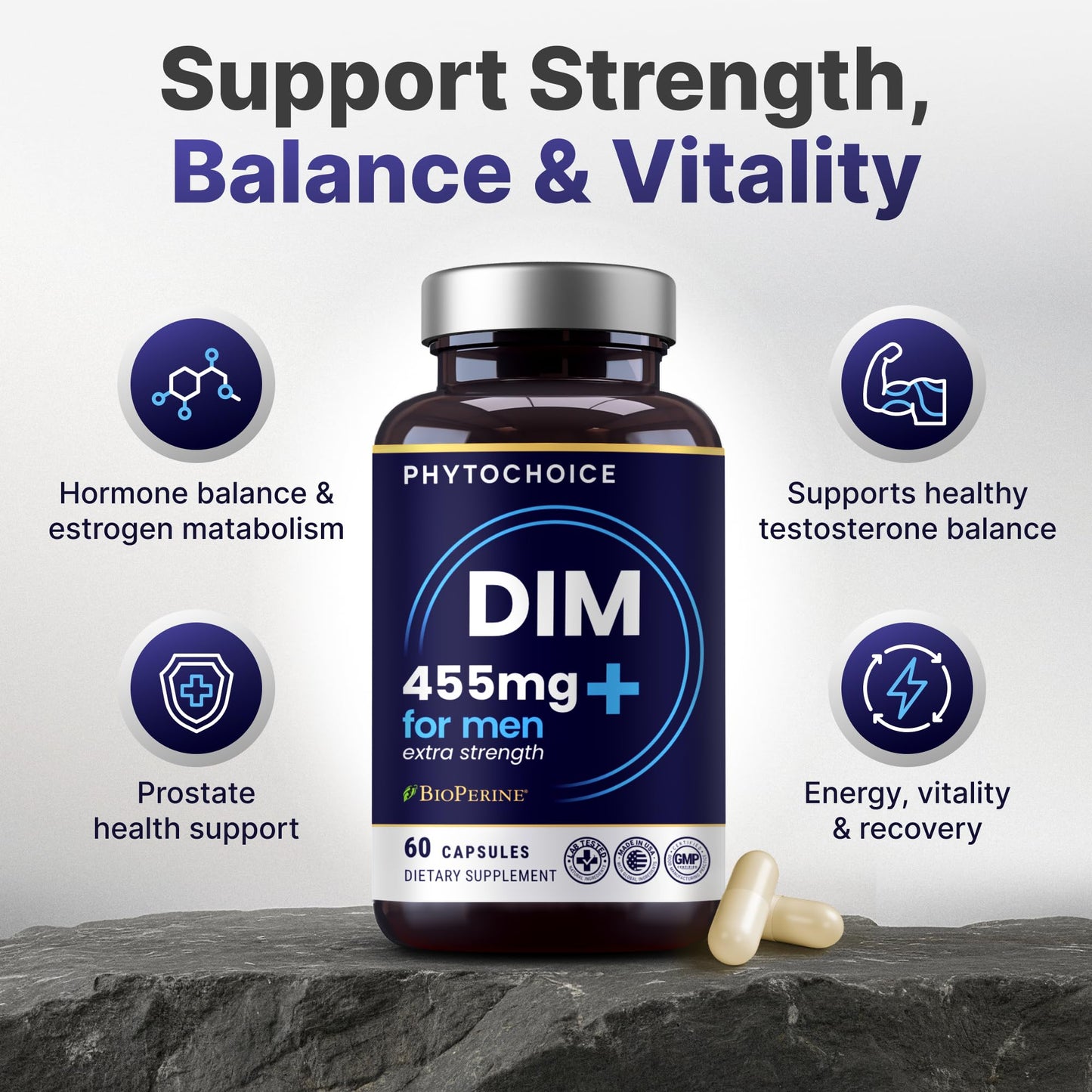 PHYTOCHOICE DIM for Men 350mg High Potency with BioPerine® & Broccoli Extract – 455mg Total Complex for Estrogen Balance & Hormone Optimization, Advanced DIM Supplement for Men, Clean Absorption Formula, 60 Capsules