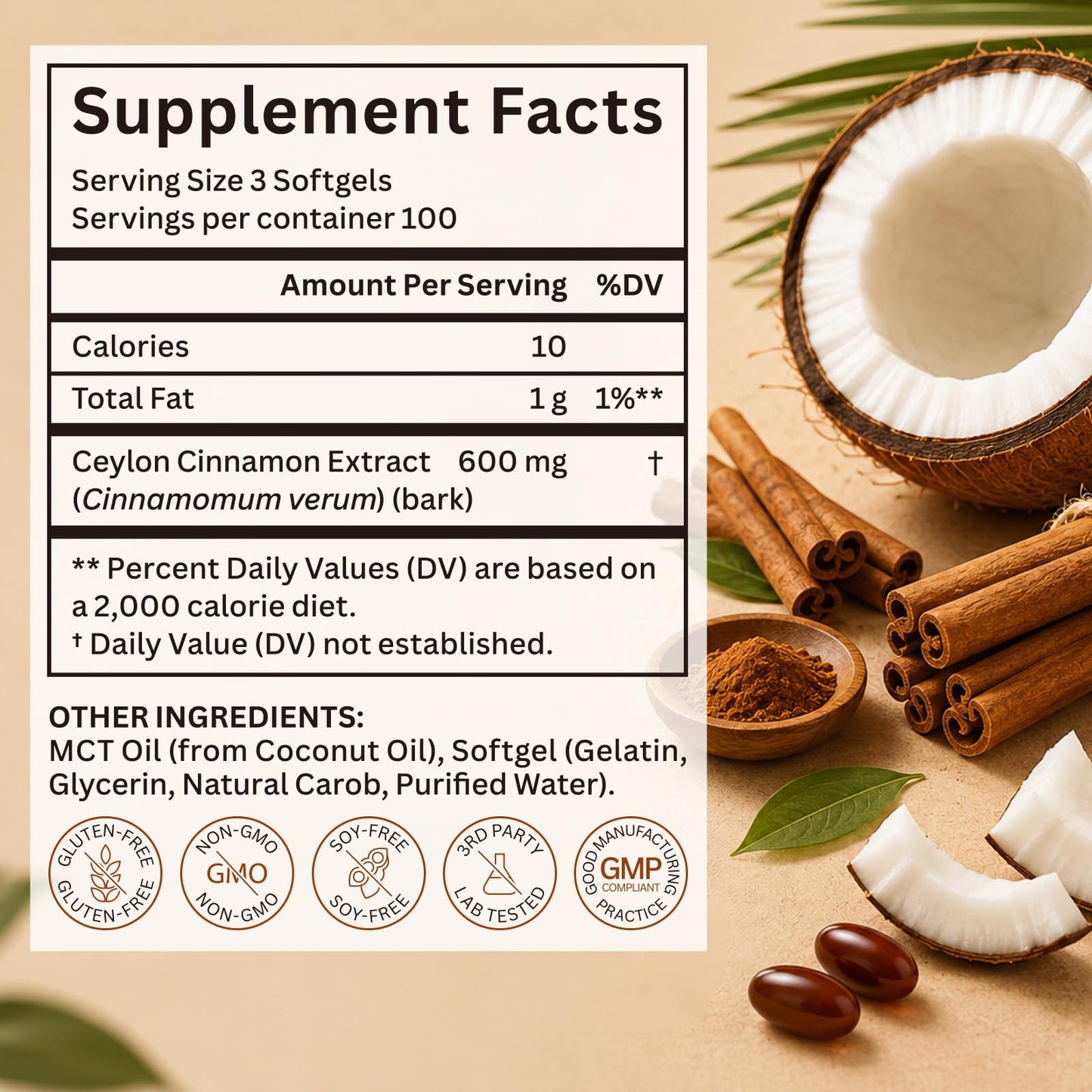 Ninsiec 2-in-1 Organic Ceylon Cinnamon with MCT Oil Softgel, 300 Softgels