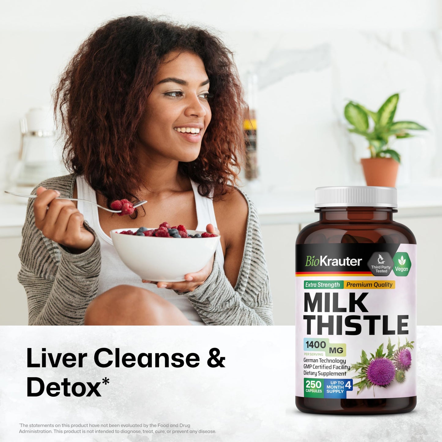 BIO KRAUTER Milk Thistle Supplement for Liver Cleanse & Detox Capsule 250 Capsules