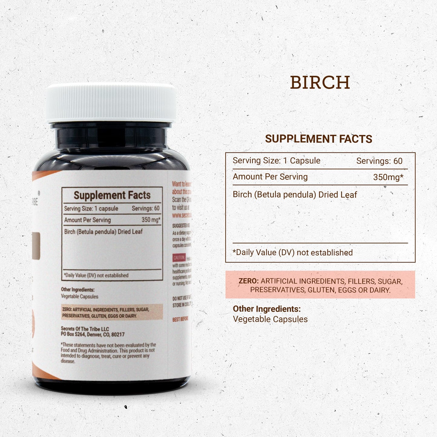 Secrets of the Tribe Birch Dried Leaf Capsules, 350 mg, 60 Capsules