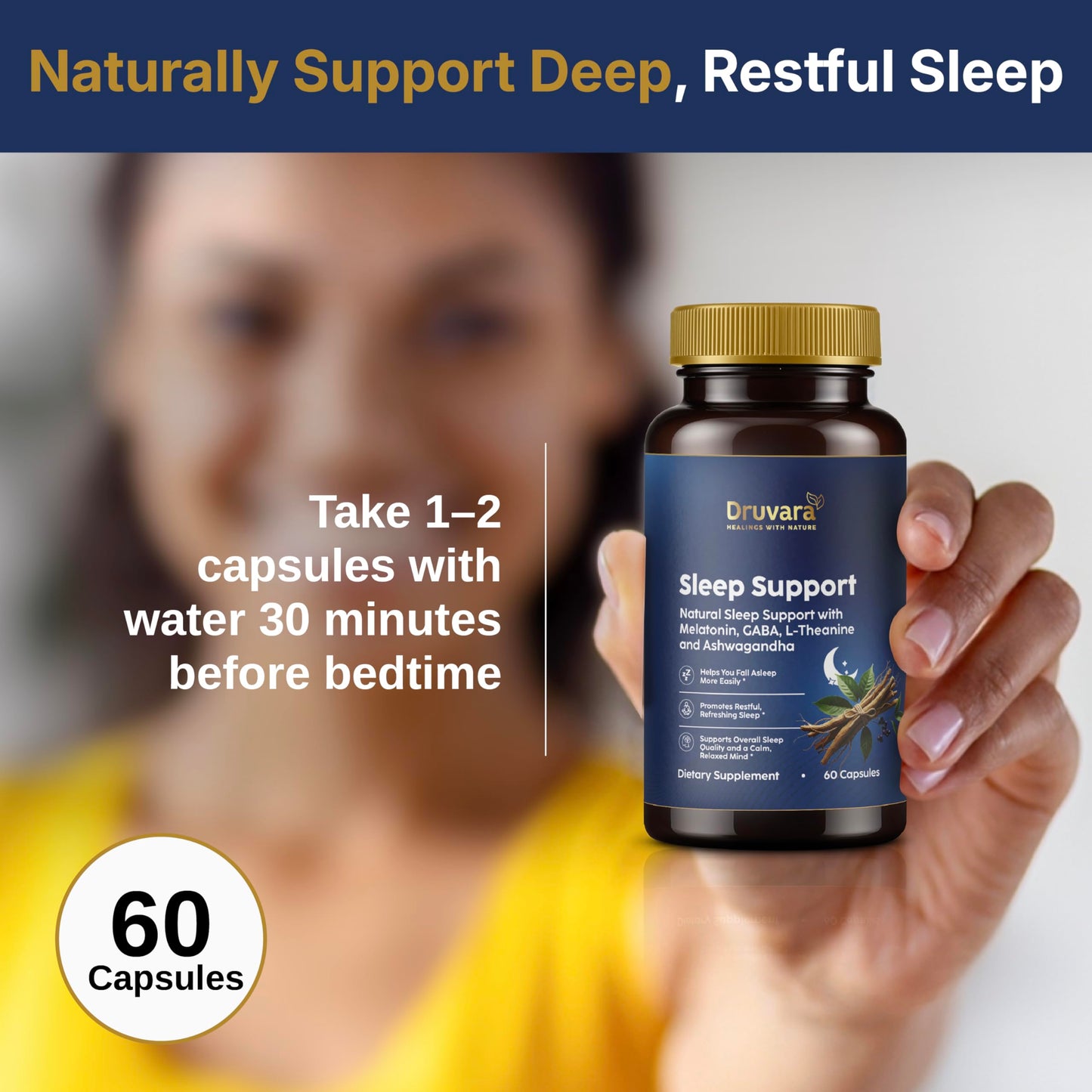 Druvara Natural Sleep Aid for Adults with Melatonin, GABA, L-Theanine & Ashwagandha, 60 Capsules