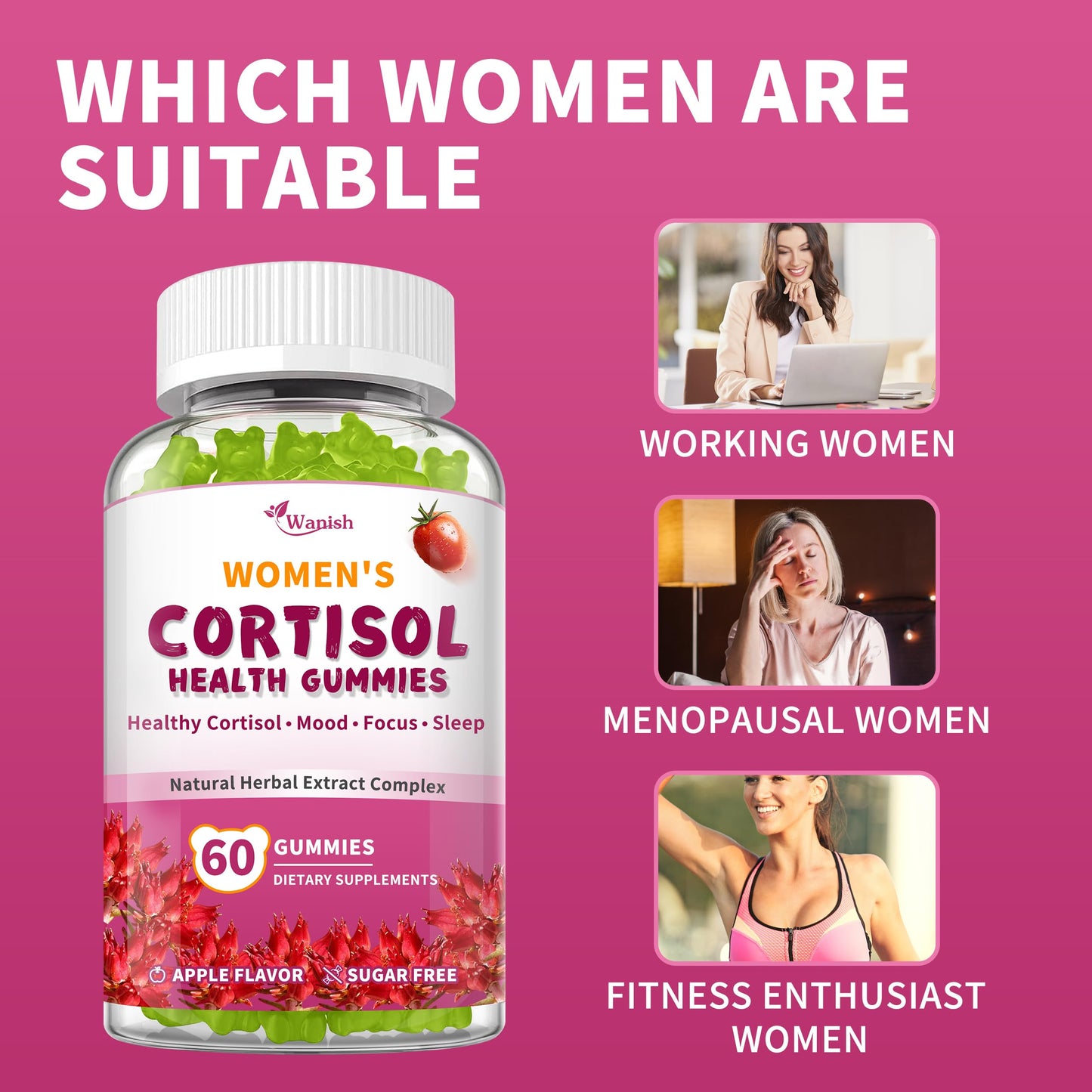 Wanish Cortisol Gummies for Women - Cortisol Manager Adrenal Support, 120 Count
