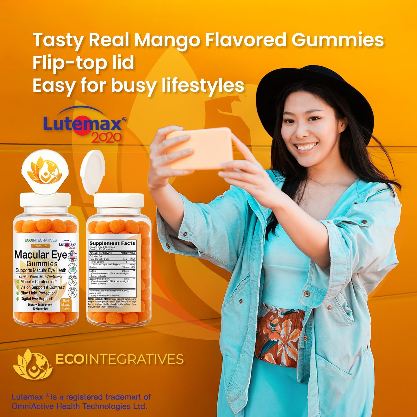 EcoIntegratives Premium Macular Eye Gummies with Lutemax 2020 – Lutein & Zeaxanthin Carotenoids for Eye Health, Blue Light & Vision Support, Real Mango Flavor, Easy Flip-Top Lid, 60 Gummies