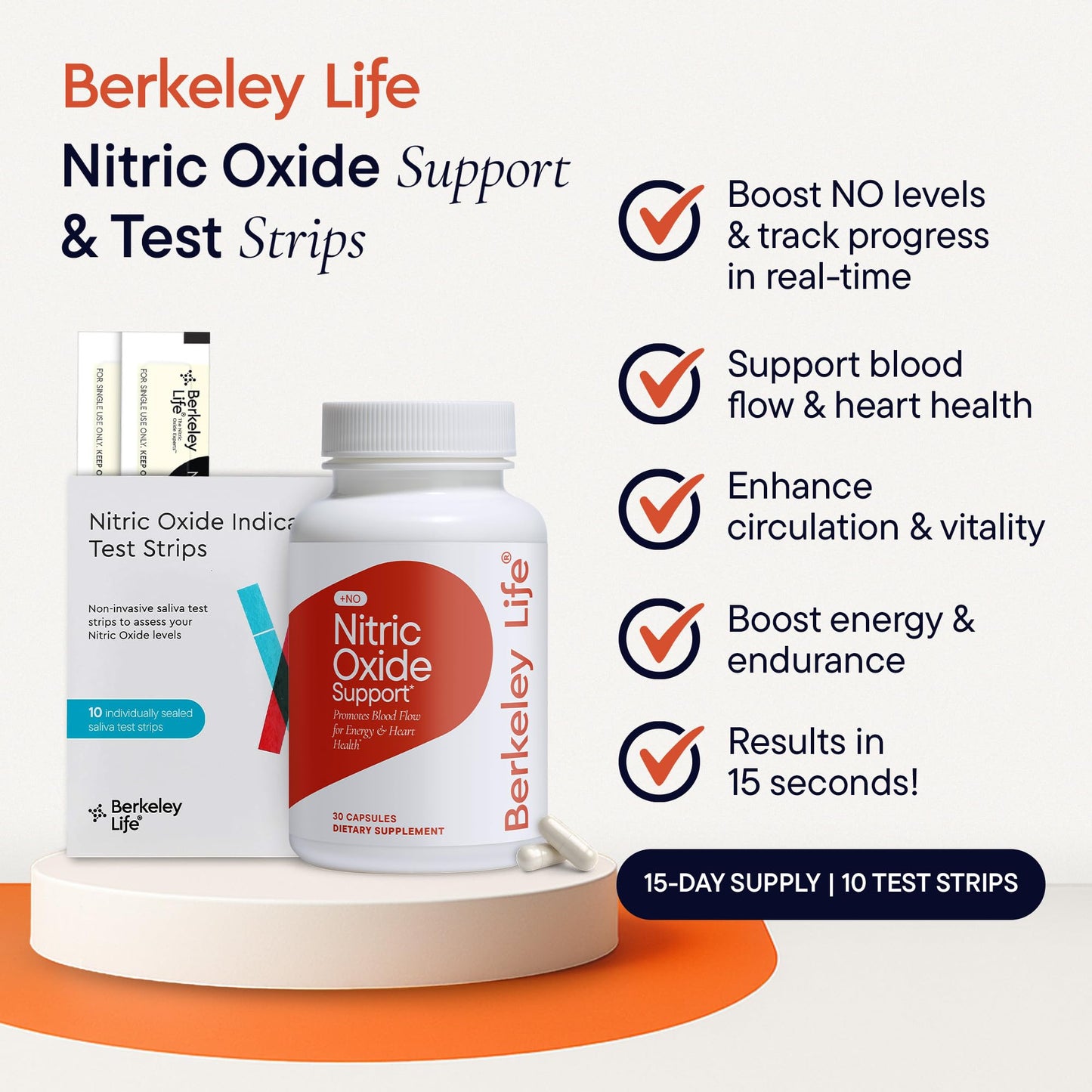 Berkeley Life Nitric Oxide Support Supplement Capsule Bundle - 40 Count (30 Capsules & 10 Test Strips)