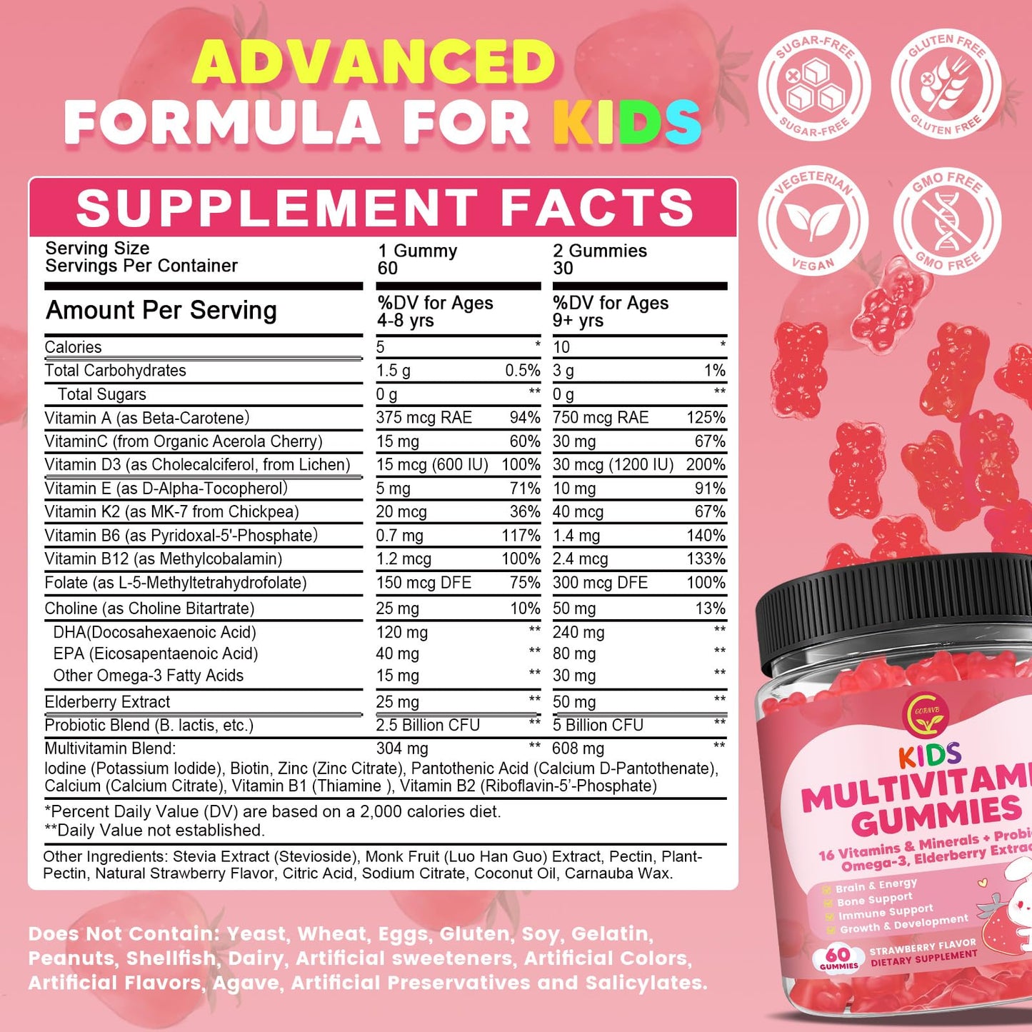GORNVB Kids Methylated Multivitamin Gummies with Omega-3, Methylfolate & B12, 60 Count
