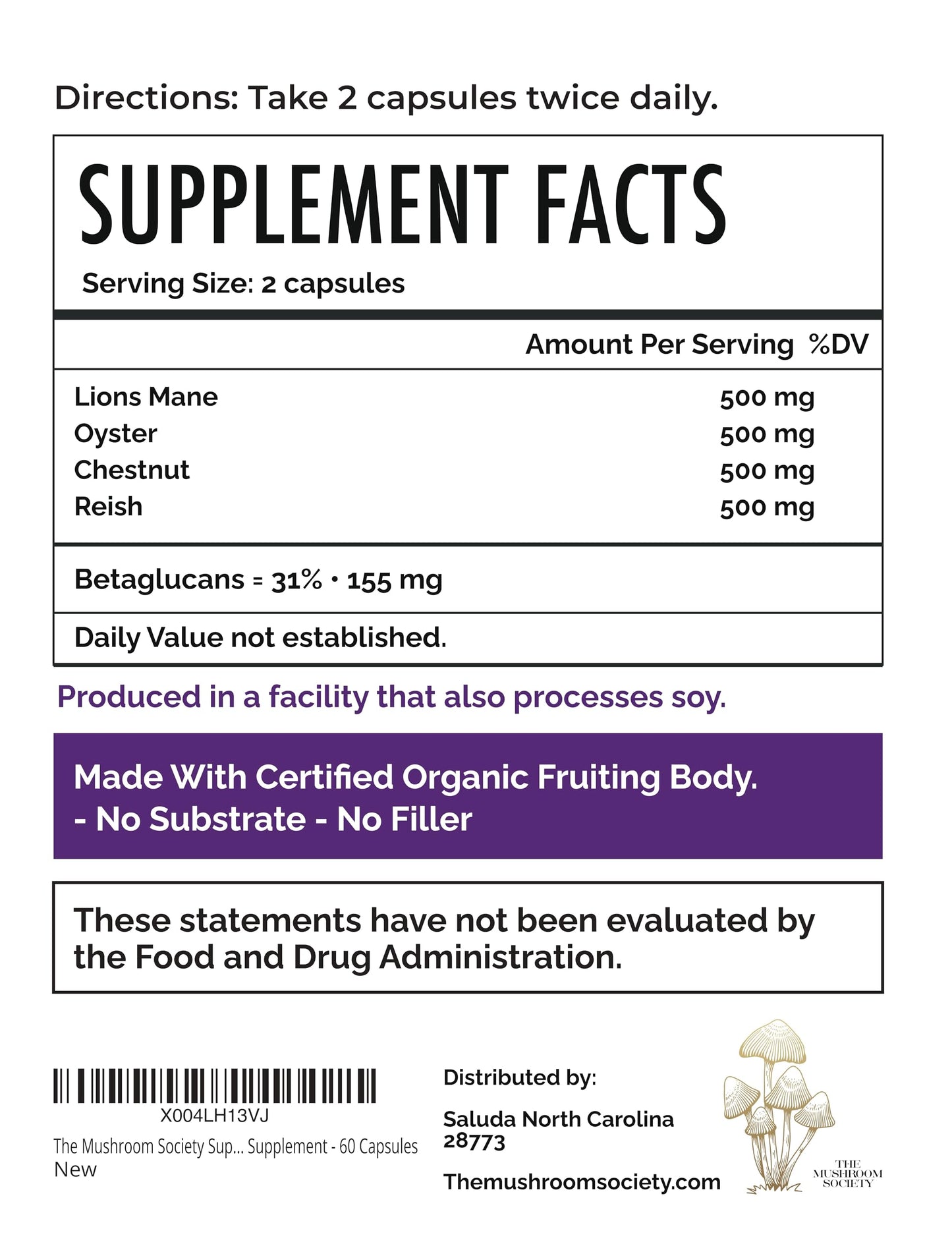 The Mushroom Society Super Stacker - 4-in-1 Mushroom Supplement Wellness Blend - Lion’s Mane, Oyster, Chestnut & Reishi - Immune, Focus & Daily Vitality 60 Capsules