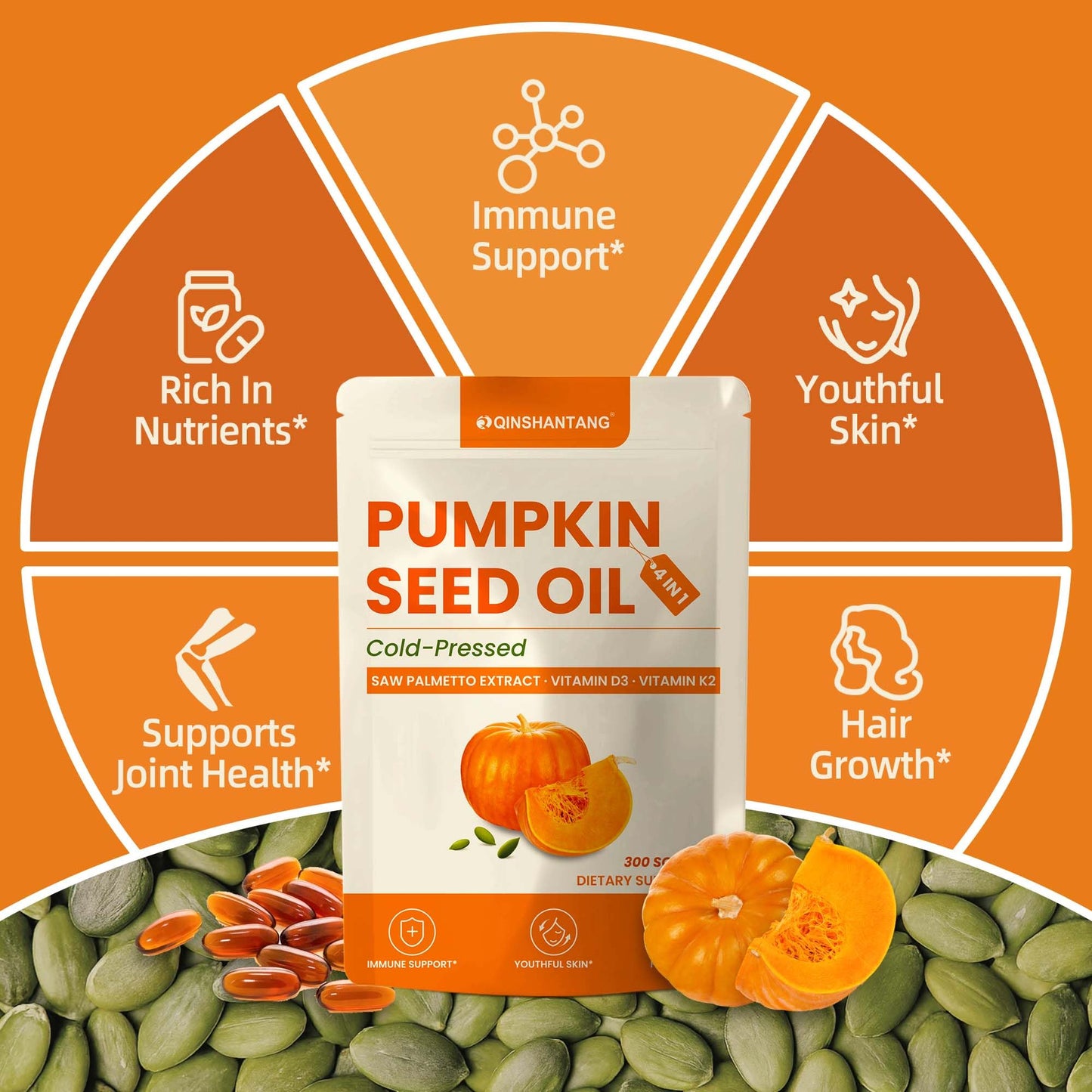 QIN SHAN TANG Pumpkin Seed Oil with Saw Palmetto, Vitamin D3 & K2 Softgel, 300