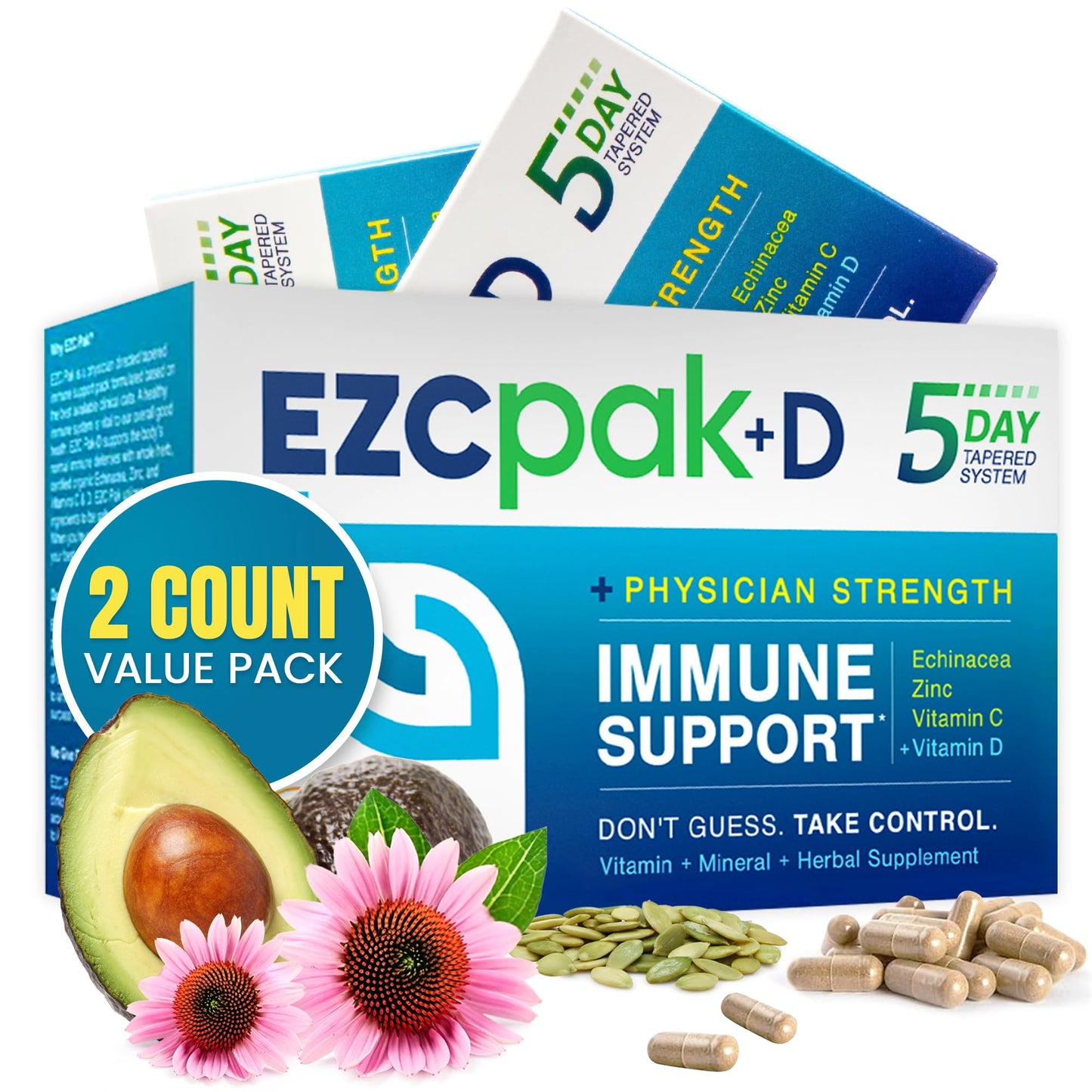 EZC Pak 5-Day Immune System Booster Echinacea Vitamin C & D Zinc Capsules, 2-Pack
