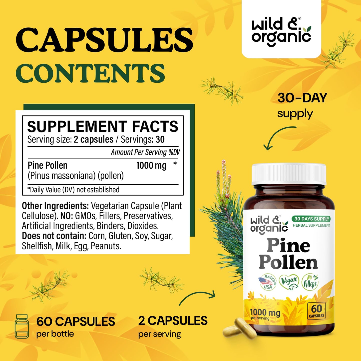 Wild & Organic Pine Pollen for Men Capsules, 60 Count