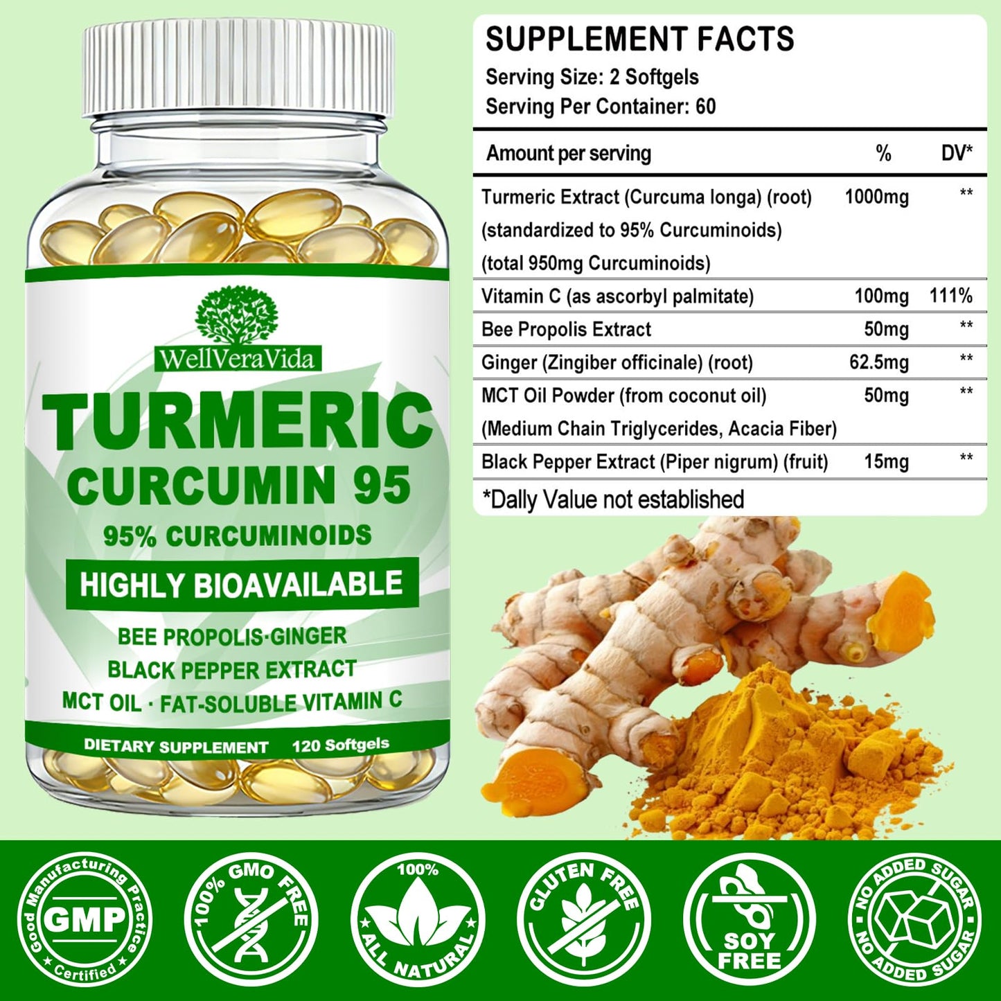 WellVeraVida Turmeric Curcumin Softgels - 95% Curcuminoids with Black Pepper & Ginger, 120 Count