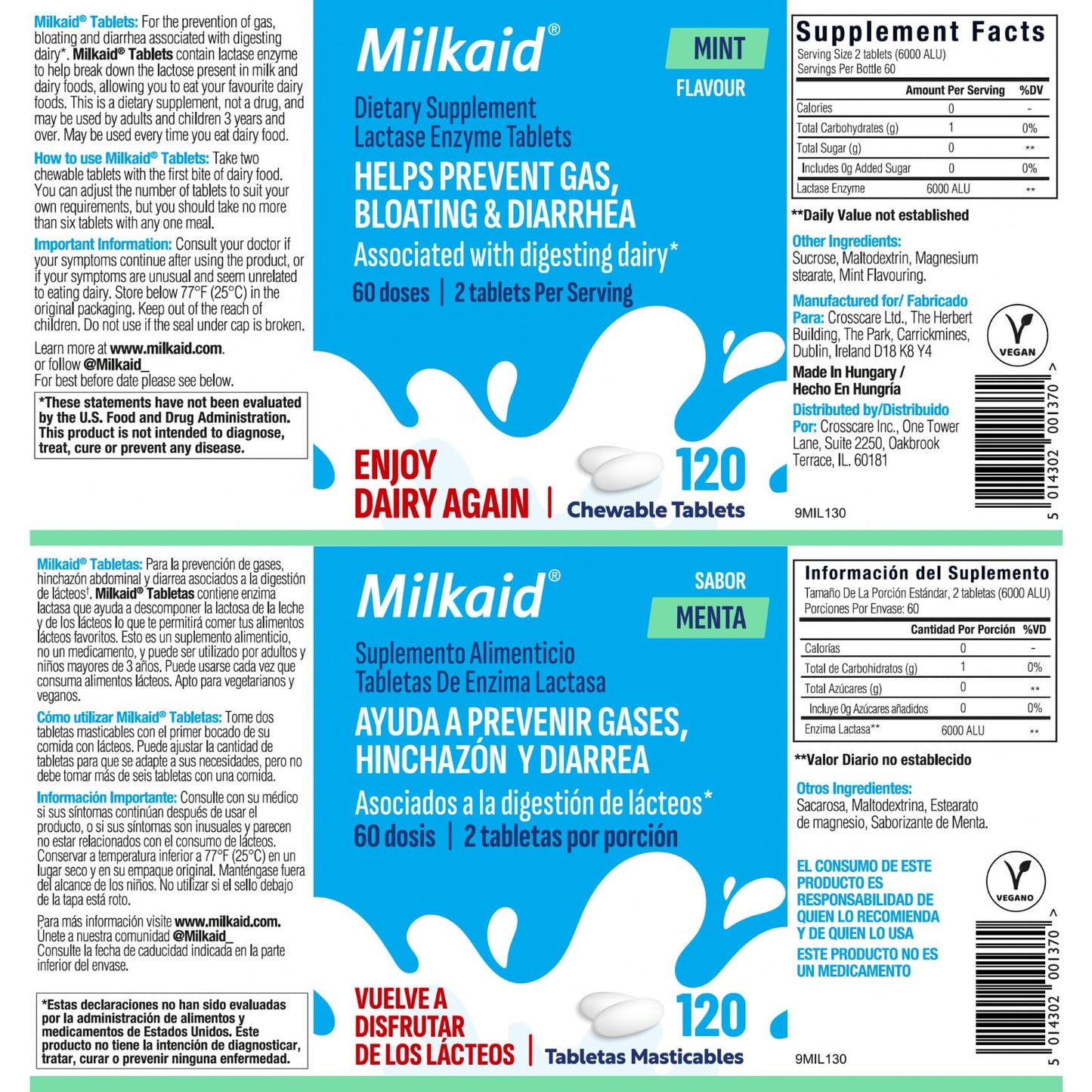Milkaid Lactase Enzyme Chewable Tablets for Lactose Intolerance Relief, 120 Count