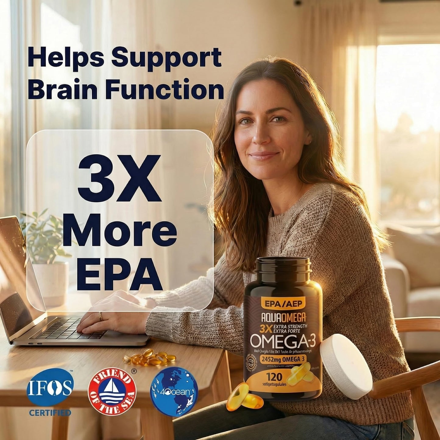 AQUA OMEGA 3X Extra Strength Omega-3 Fish Oil Softgels, 120 Count