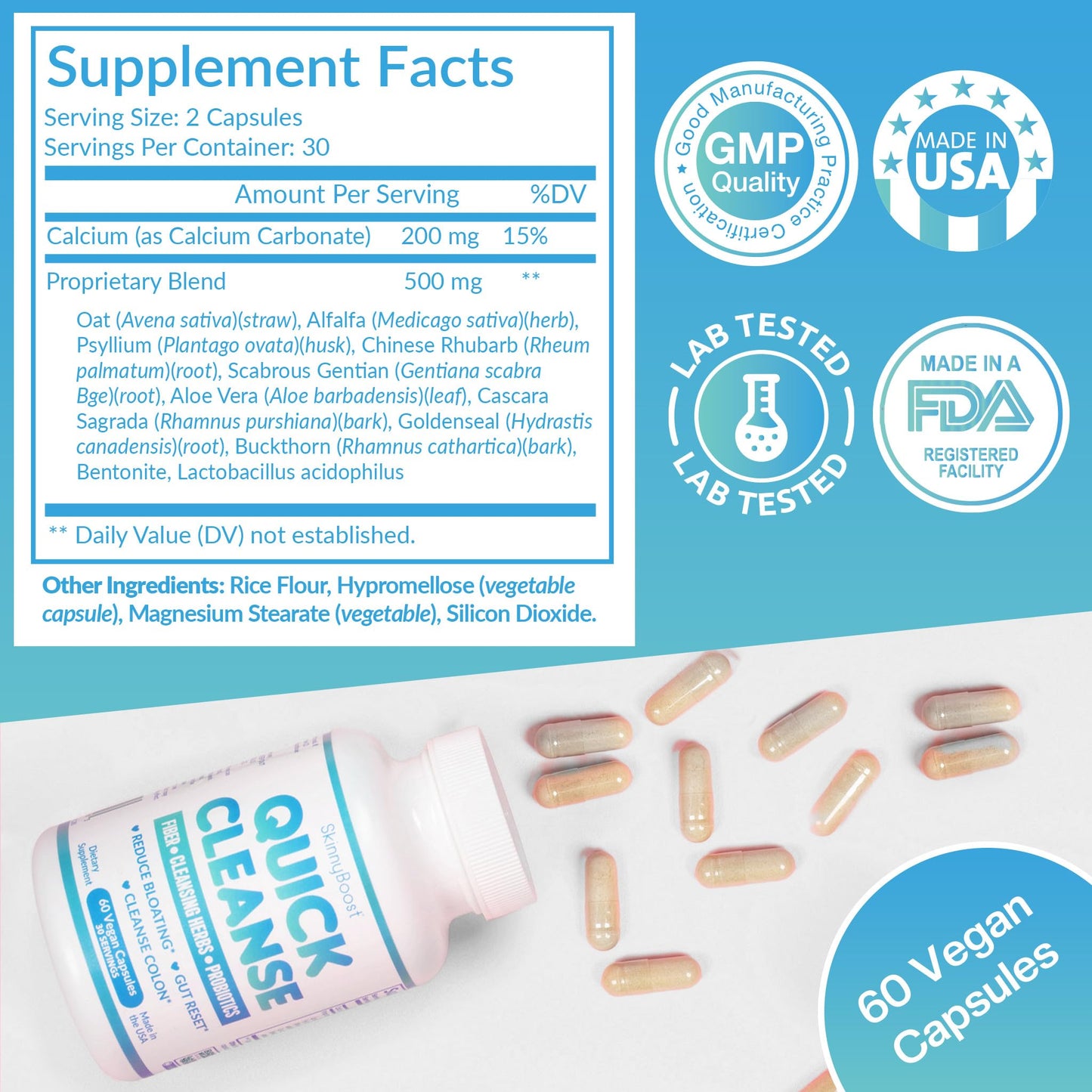 SkinnyBoost Quick Cleanse Vegan Capsules for Weight Support – Colon Cleanser with Natural Fiber & Probiotics – Supports Digestive & Gut Health, 60 Capsules