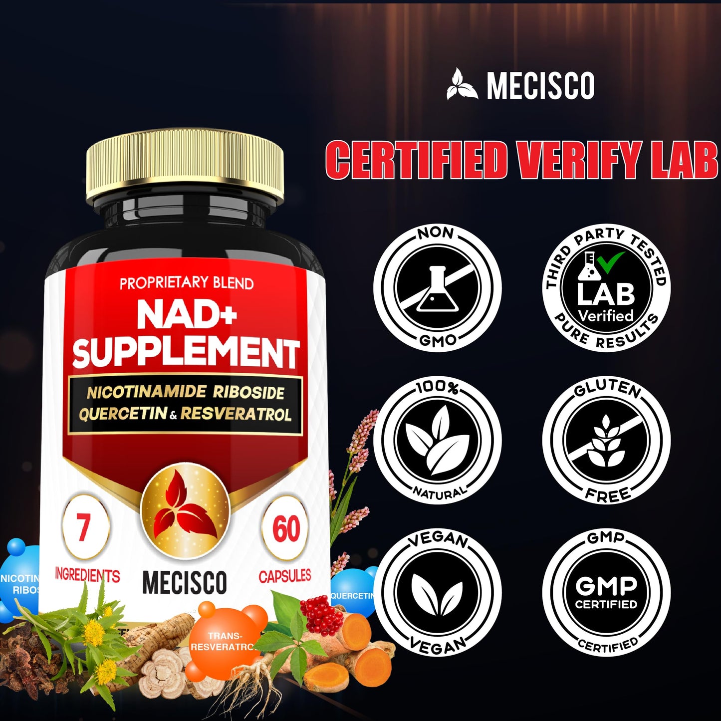Mecisco NAD+ Supplement with Nicotinamide Riboside, Quercetin, Resveratrol, Turmeric, Rhodiola Rosea, Astragalus 60 Capsules