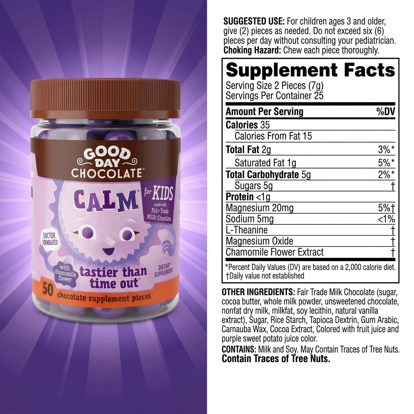 Good Day Chocolate Natural Calming Supplement for Kids, Blend of Camomile, L-Theanine, Fair Trade and Non-GMO Chocolate Gummy, 50 Gummies