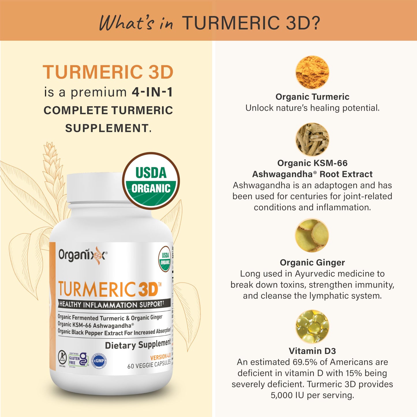 Organixx USDA Organic Turmeric Curcumin Supplement with Ashwagandha, Vitamin D, Turmeric & Ginger – Fermented for Maximum Bioavailability, Capsule, 90 Count