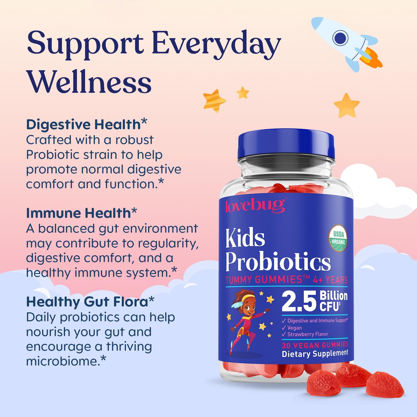 LOVEBUG Kids Probiotic Gummies 30 Count, Organic Chewable Probiotics for Kids Aged 4+, Strawberry