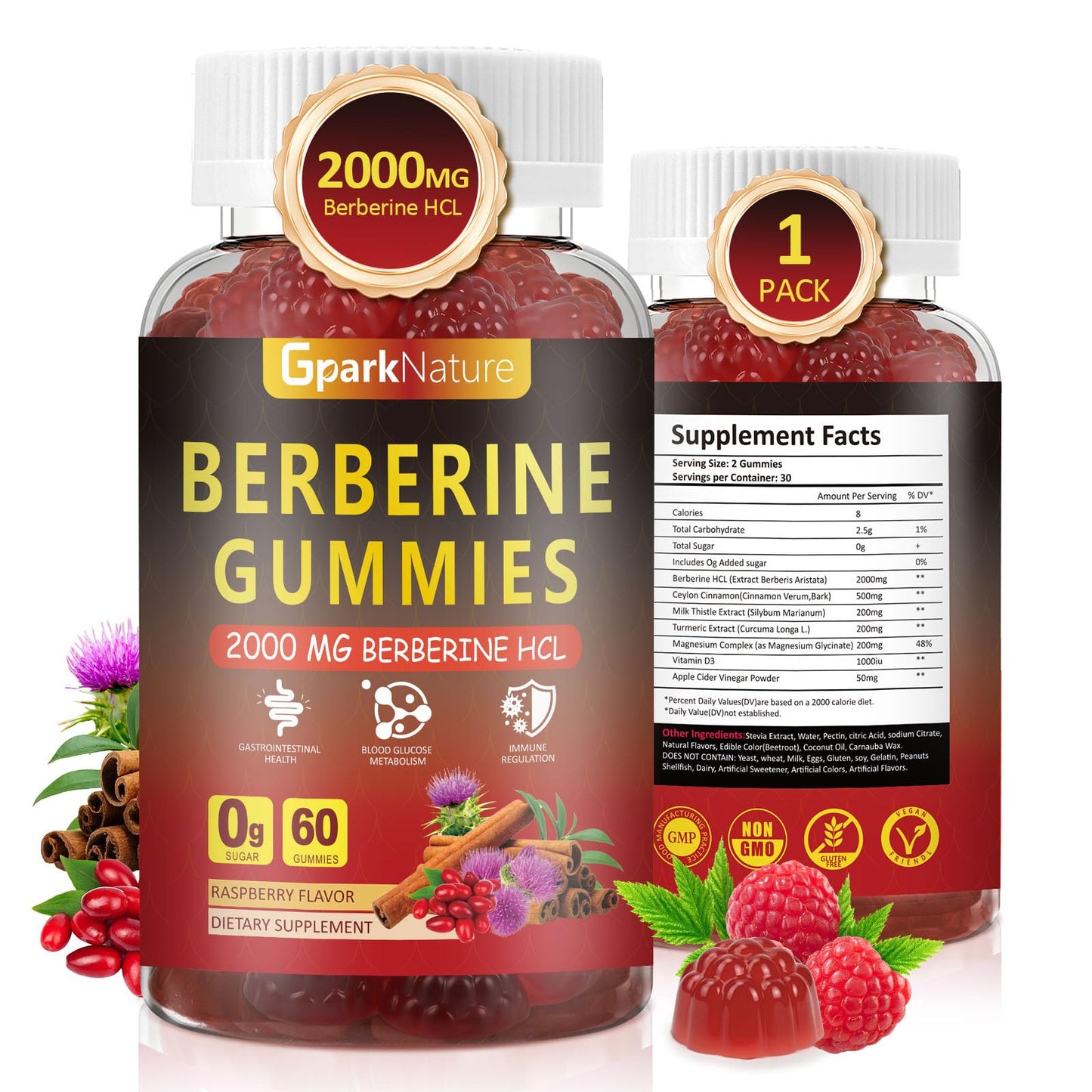 GparkNature Berberine Gummies 2000 mg with Ceylon Cinnamon, Turmeric, Milk Thistle, Magnesium, Chromium for Immune Support, Sugar Free, Vegan Raspberry Flavor, 60 Count