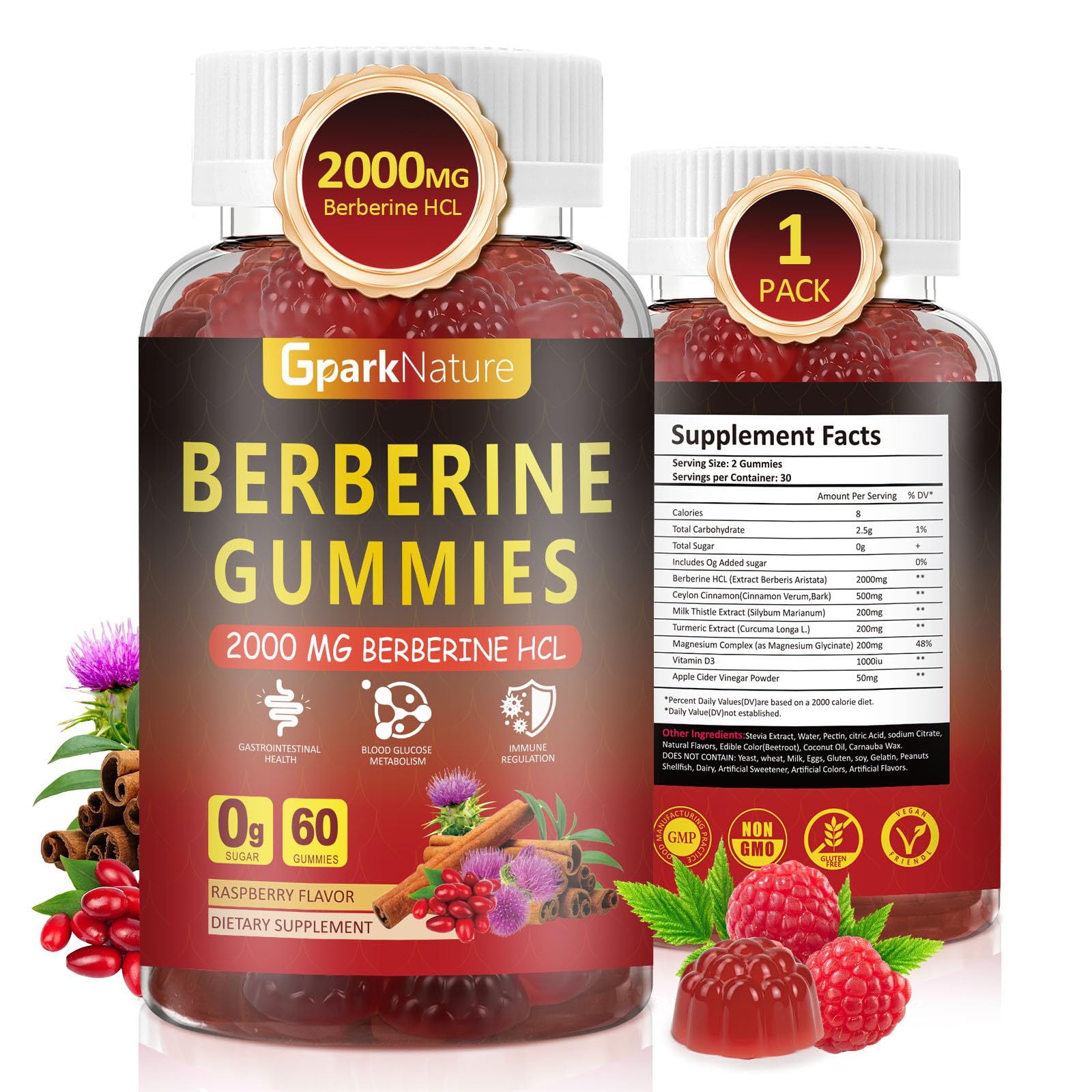 GparkNature Berberine Gummies 2000 mg with Ceylon Cinnamon, Turmeric, Milk Thistle, Magnesium, Chromium for Immune Support, Sugar Free, Vegan Raspberry Flavor, 60 Count