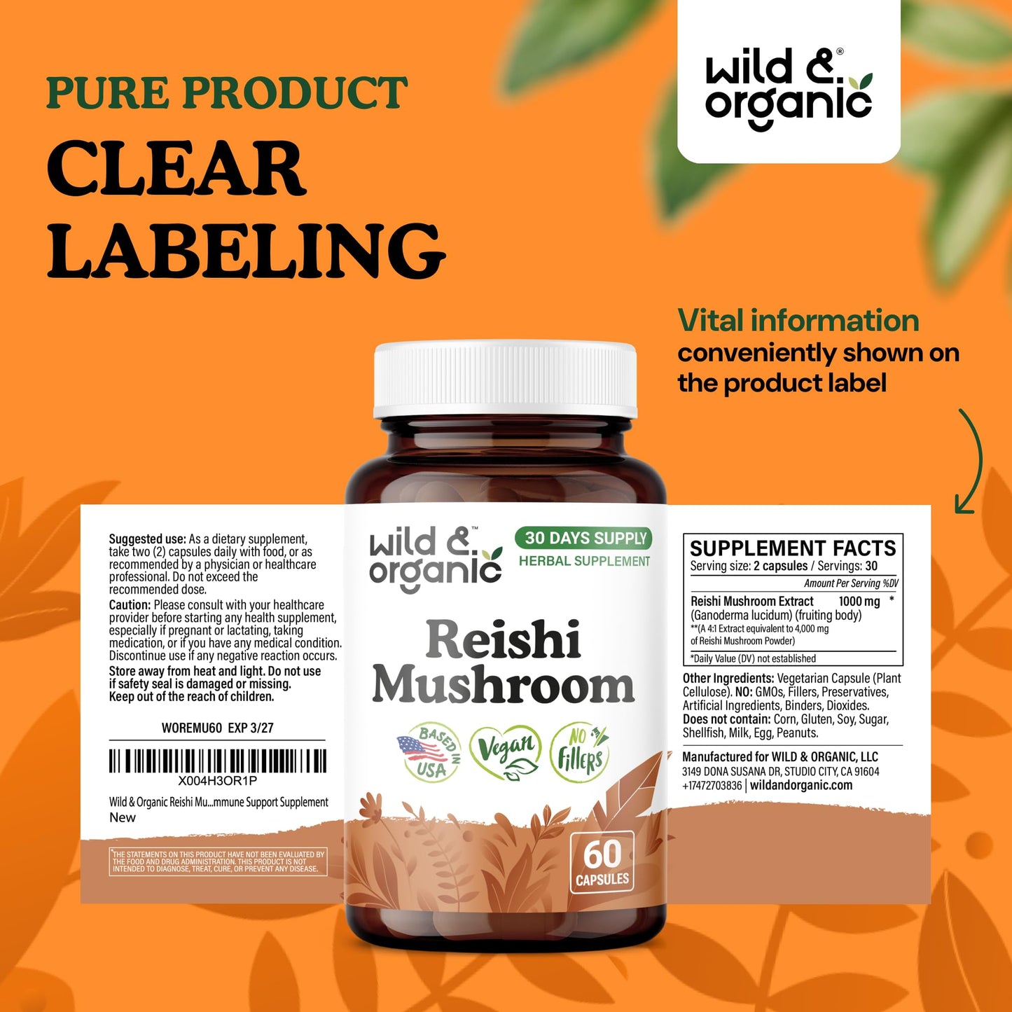 Wild & Organic Reishi Mushroom Capsules 1000 mg, 60 Capsules