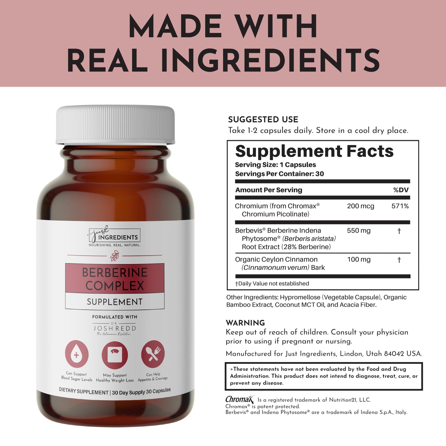 JUST INGREDIENTS Berberine Supplement Capsule 30 Count