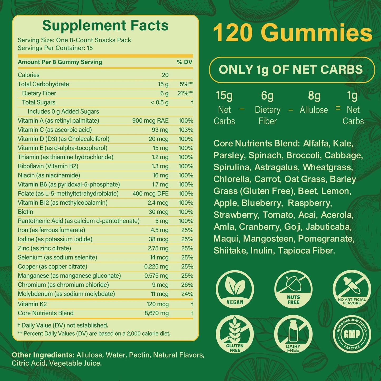 Tecepec Sugar Free Greens Daily Gummies with Spirulina & Chlorella, Prebiotics & Fiber, Adaptogens Multivitamin for Women and Men Digestive Health, Non-GMO, 120 Gummies
