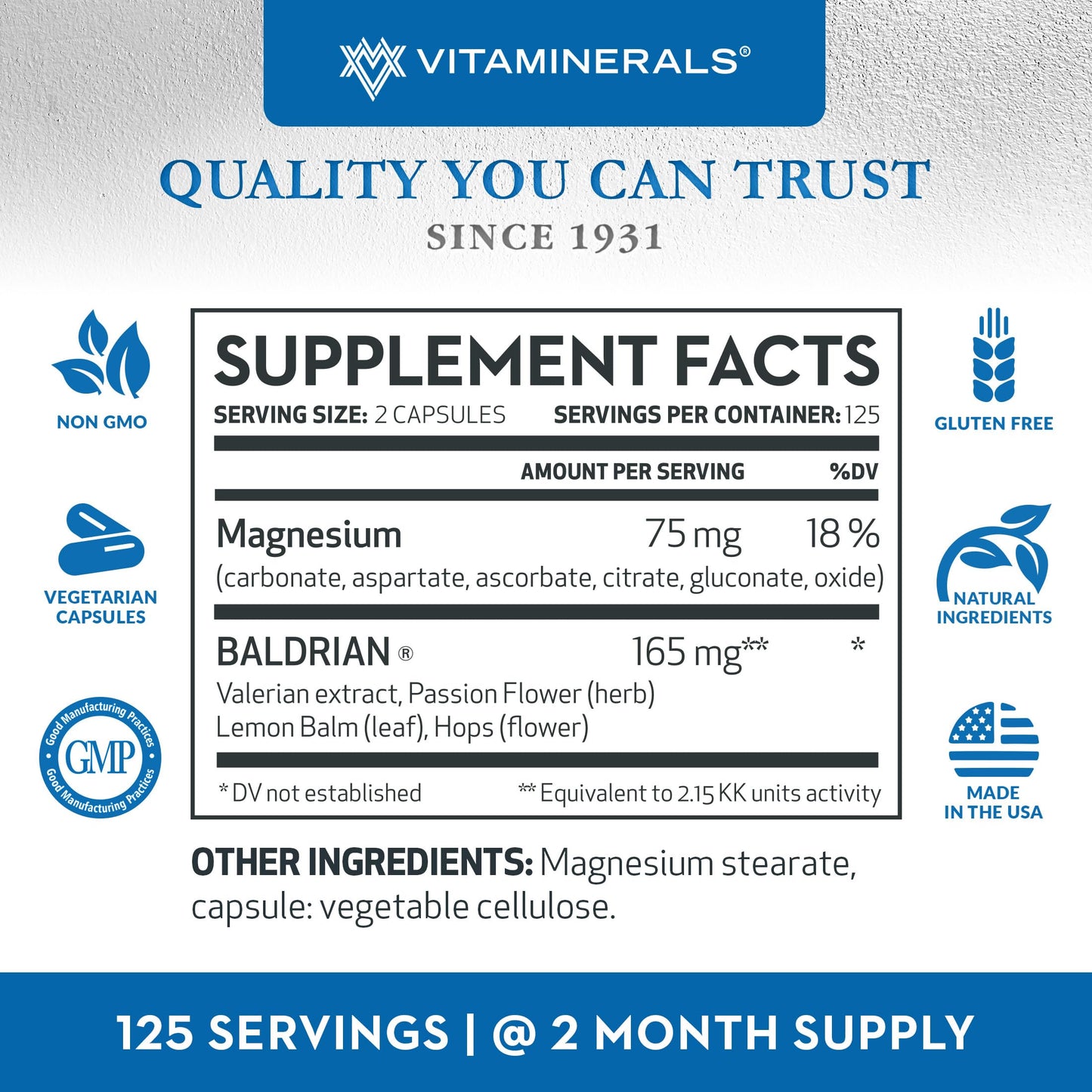 Vitaminerals 33 Baldrian Original Natural Relaxing Support Standardized Valerian Capsules, 250