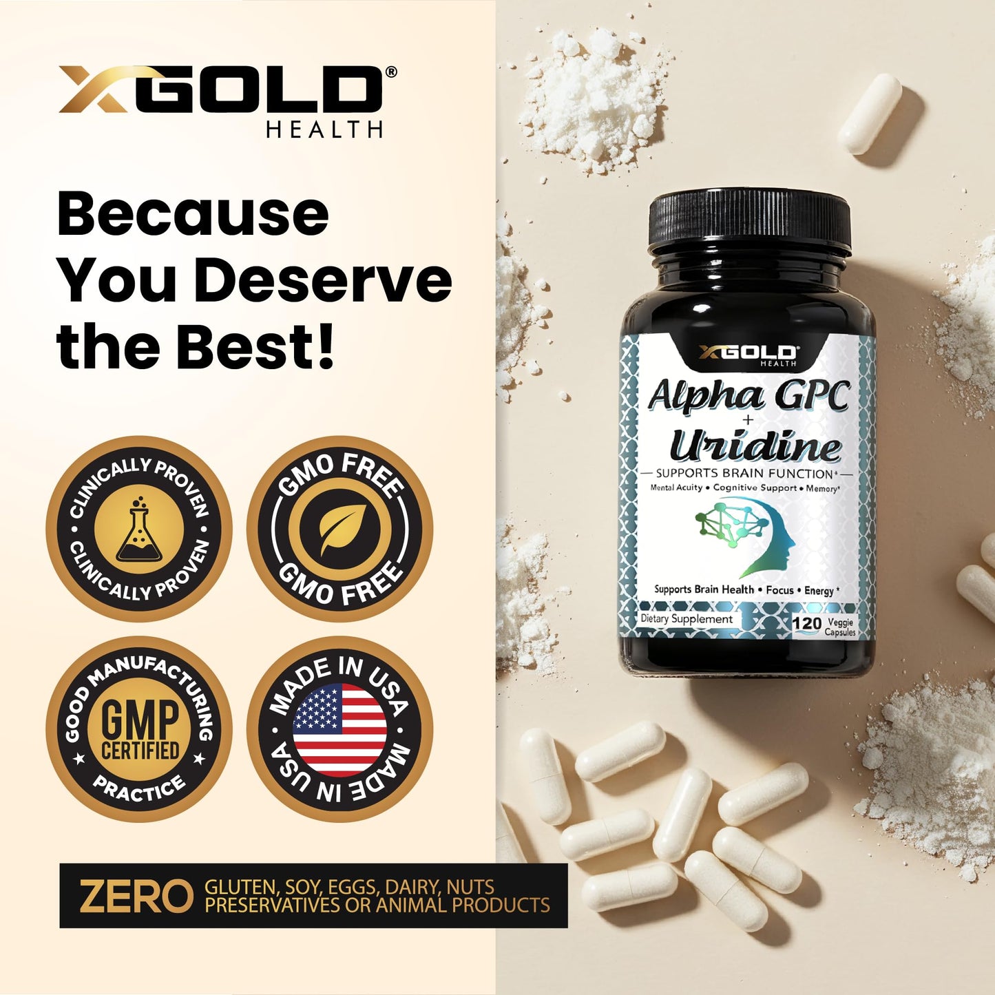 X Gold Health Alpha GPC + Uridine 900mg Powerful Nootropic Capsule, 120 Capsules