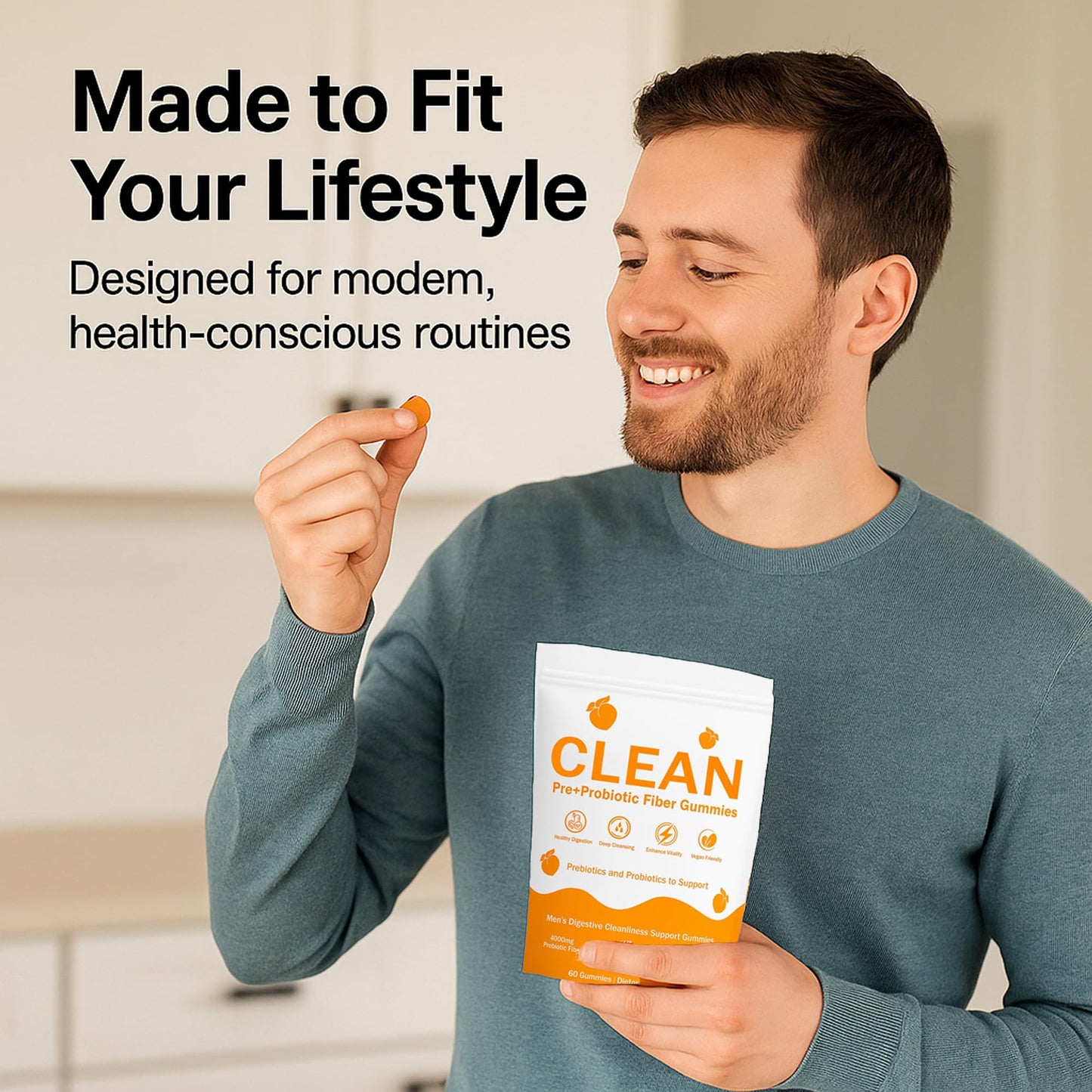 NEWUREHO Clean Prebiotic Fiber Gummies for Men - Peach Flavor, Pre+Probiotic Fiber, Gut Balance & Digestive Support, 3 Count