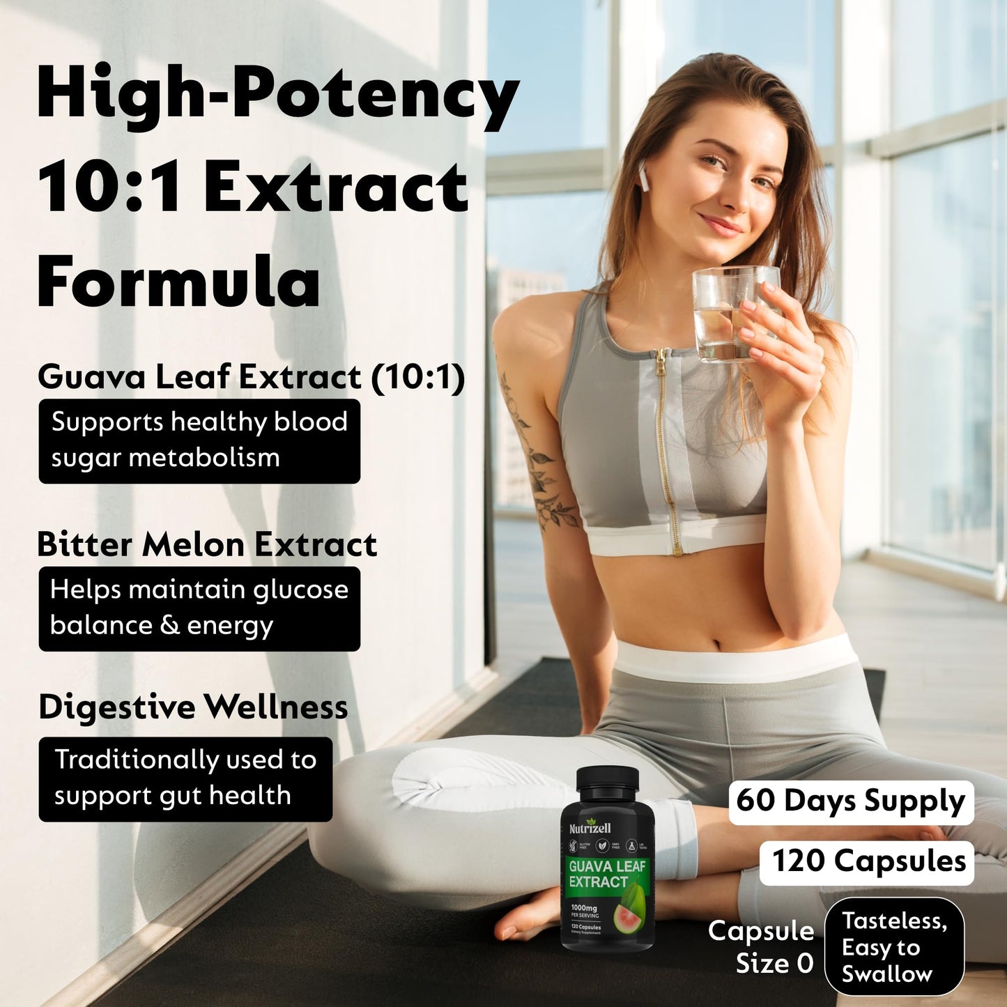 Nutrizell Guava Leaf Extract with Bitter Melon 1000mg Per Serving Herbal Guava Supplement for Metabolic Health & Digestion Support Capsules 120 Count
