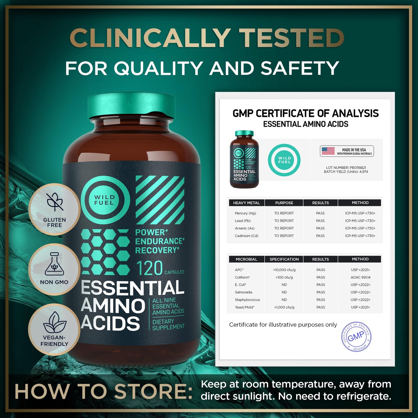WILD FUEL Essential Amino Acids Supplement - All 9 EAAs with BCAAs - 3,000mg Per Serving - Muscle Growth, Power, Recovery - 120 Capsules