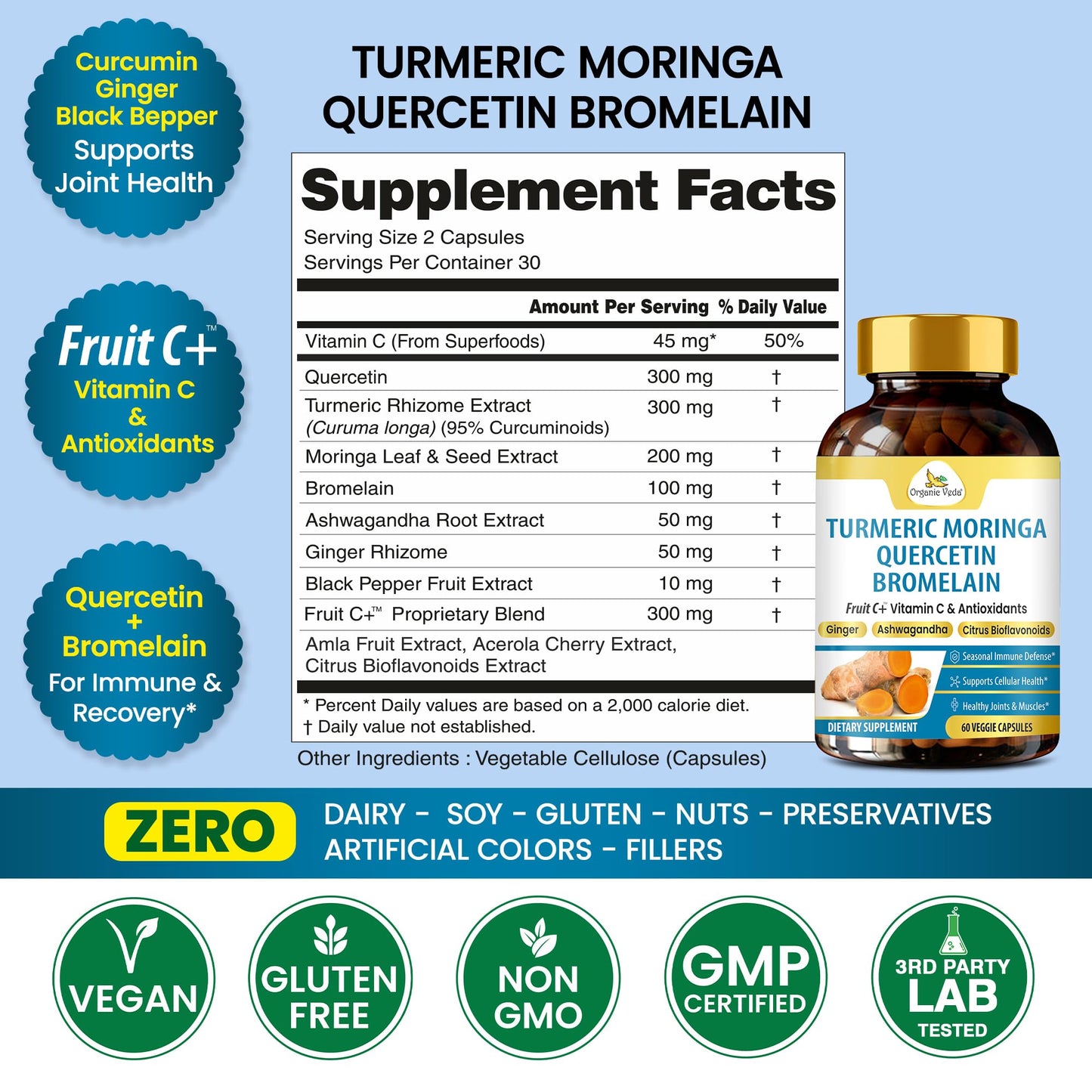 Organic Veda Turmeric Moringa Quercetin with Bromelain, 60 Capsules