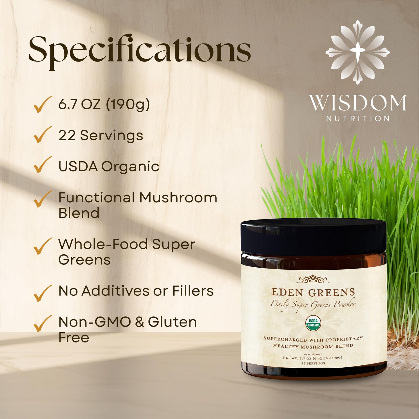 Wisdom Nutrition Organic Super Greens Powder with Mushroom Blend, Powder, 6 oz