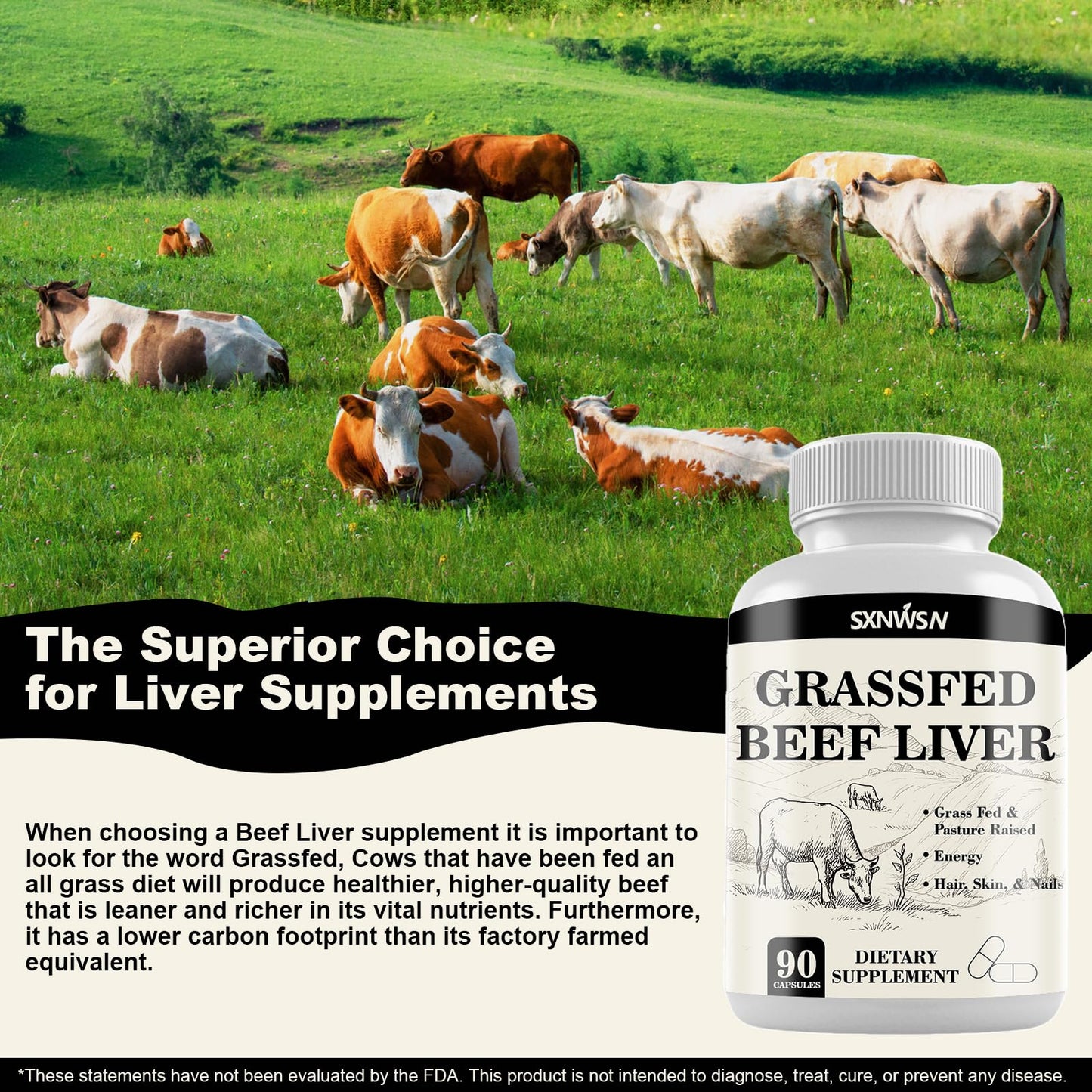 SXNWSN Grass Fed Beef Liver Capsules, 90 Count