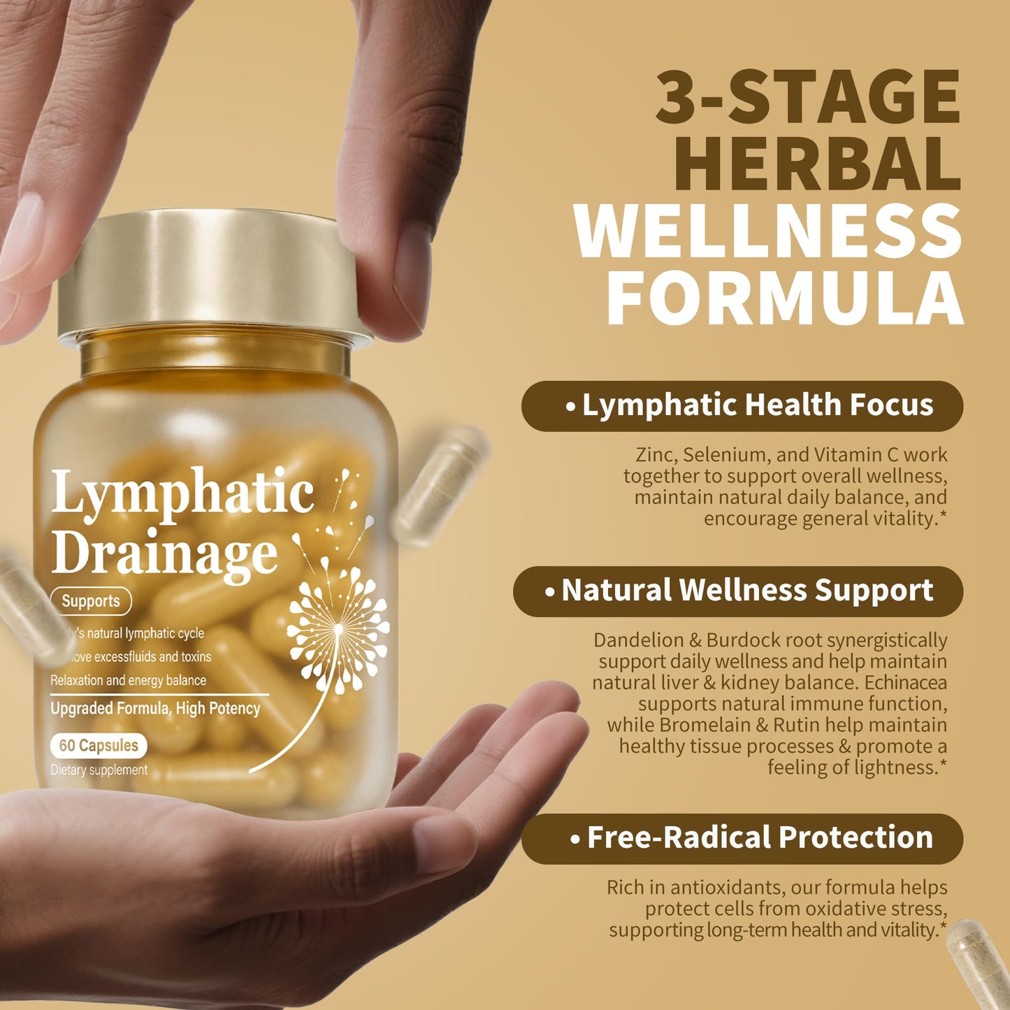 NOQONME Natural Lymphatic Drainage Supplements with Dandelion, Burdock, Cleavers & Echinacea Herbal Blend 60 Capsules