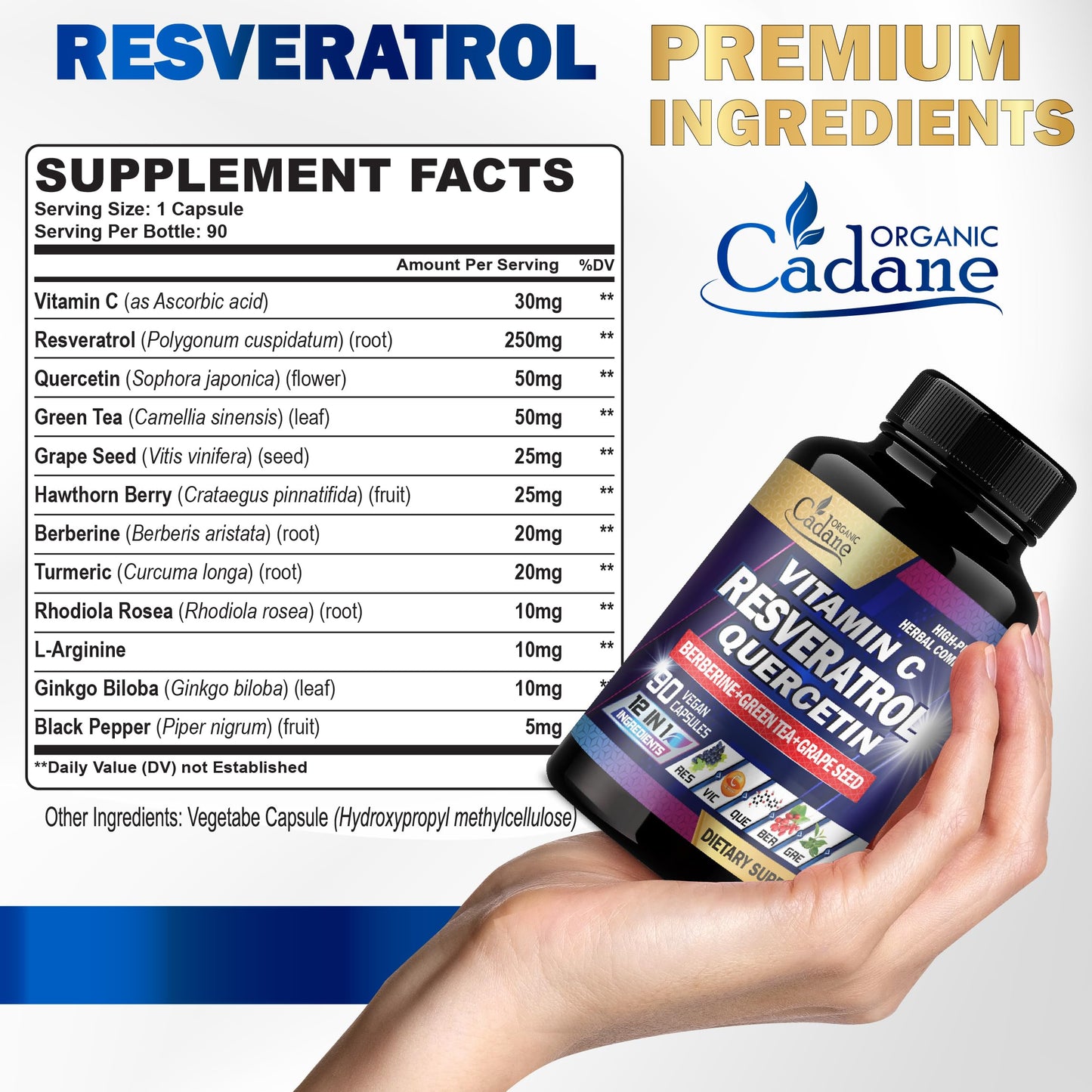 Organic Cadane Resveratrol Supplement 12-in-1 Capsules 90 Count