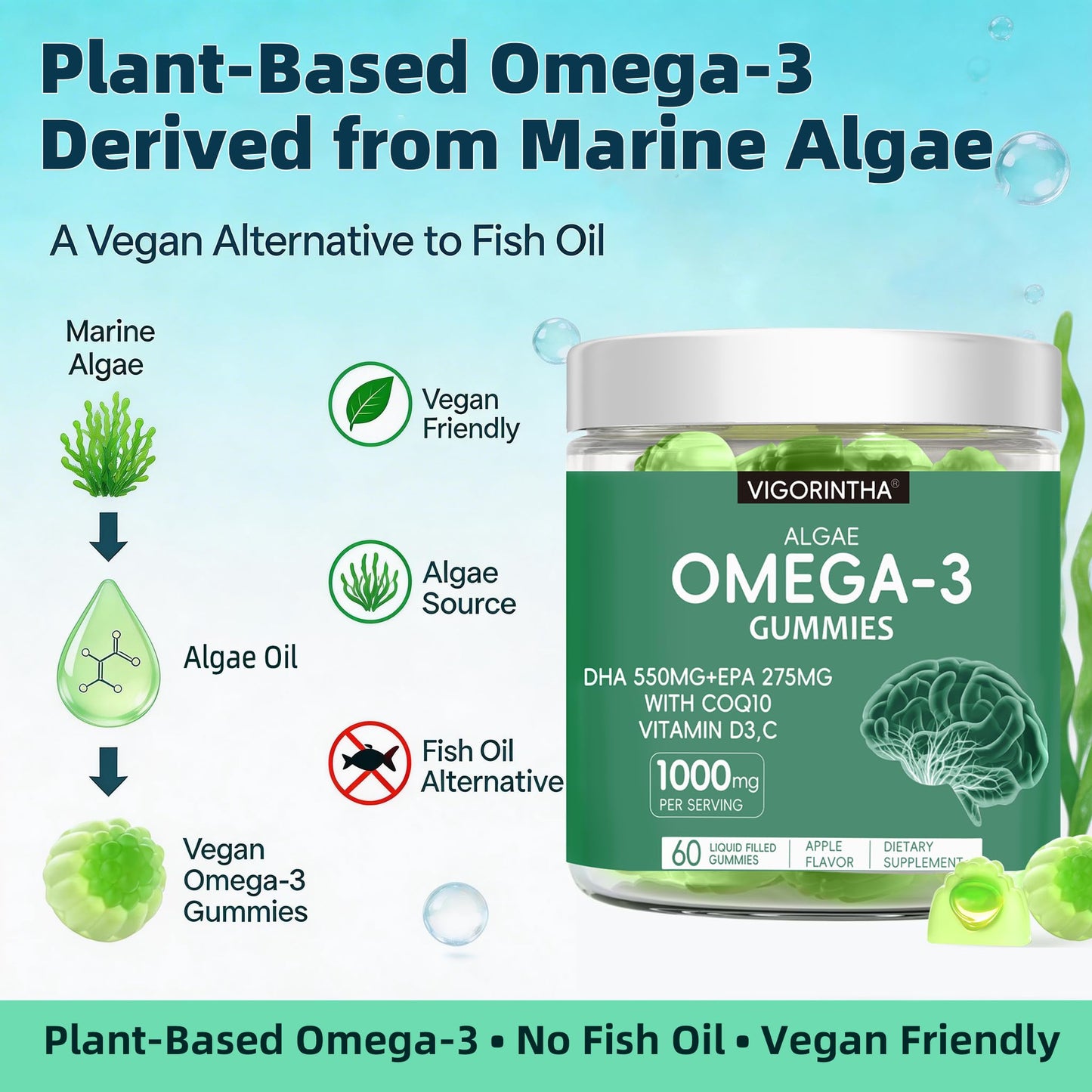 Vigorintha Vegan Omega-3 Algae Oil Gummy Supplement with DHA 300mg & EPA 150mg, Plant-Based Omega-3 with Vitamin D3 & K2, Fish-Free Algal Oil, 120 Gummies