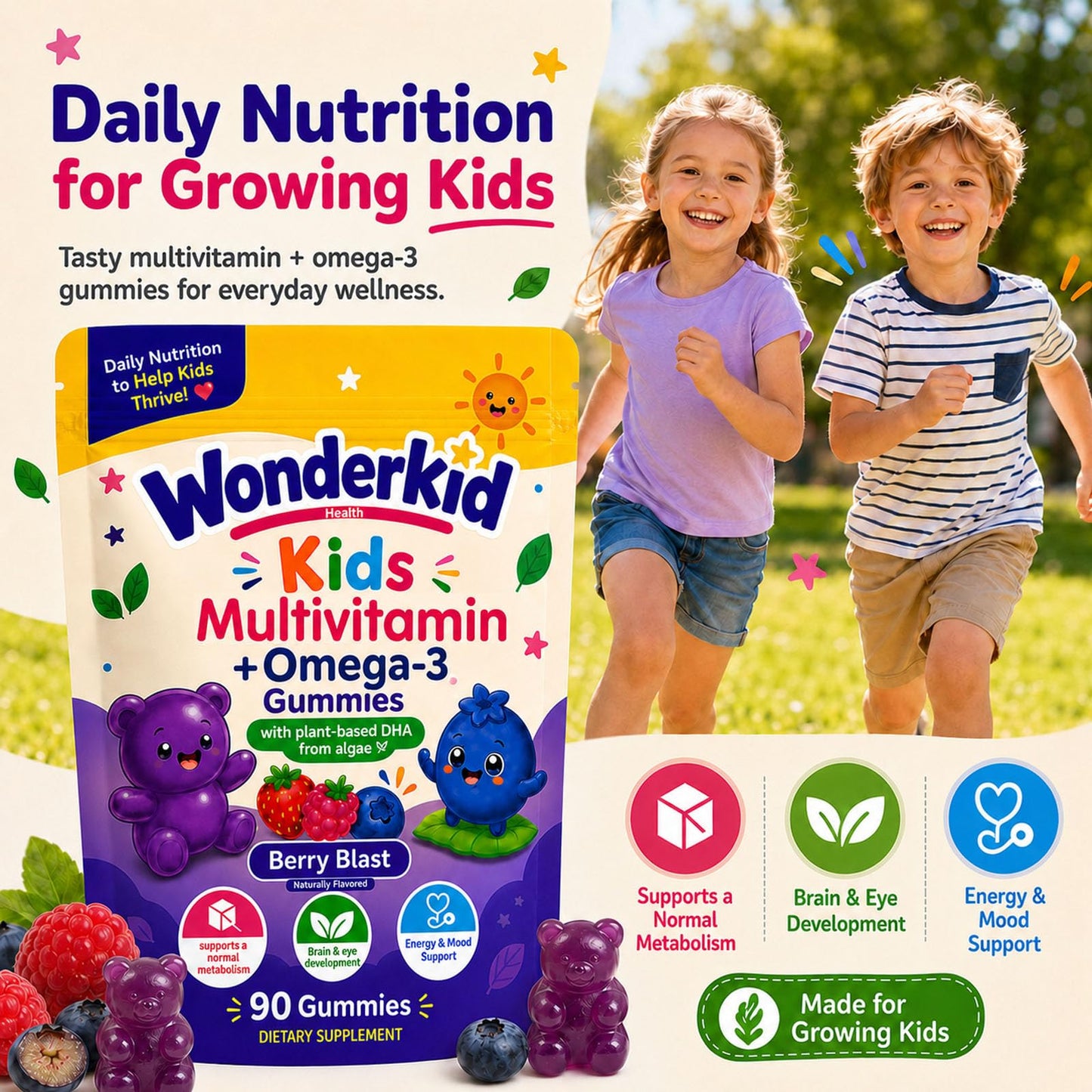 Velessa Organic Wonderkid Vitamin, Kids Multivitamin Gummies + Omega-3, 90 Count