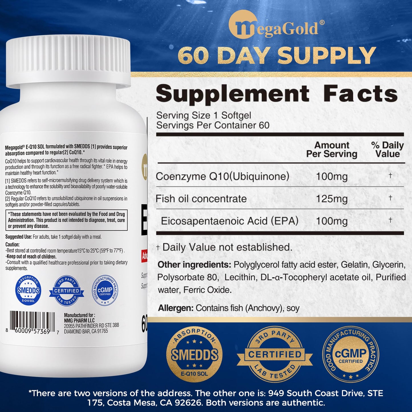 MegaGold E-Q10 Sol Advanced Absorption Fish Oil with CoQ10, 100mg EPA, Antioxidant for Cardiovascular Health & Energy*, Coenzyme Q10 Supplement for Men and Women Softgel 60 Count