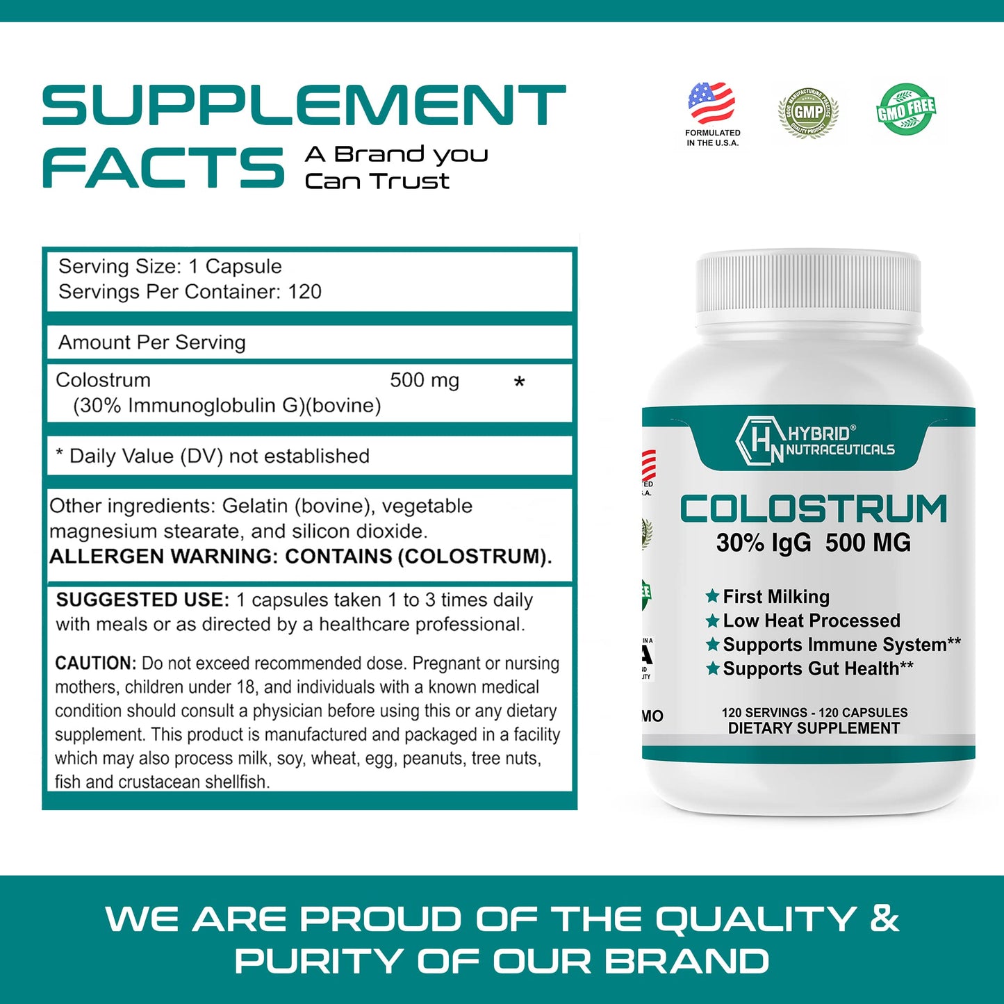 Hybrid Nutraceuticals Bovine Colostrum Supplement Capsules - 120 Count