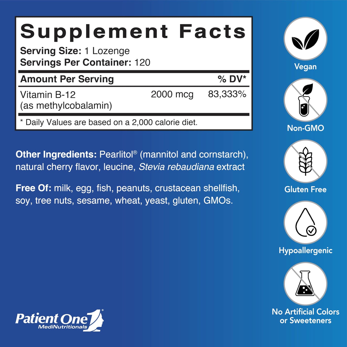 Patient One Vitamin B12 2000mcg Methylcobalamin Tablet, 120 Count