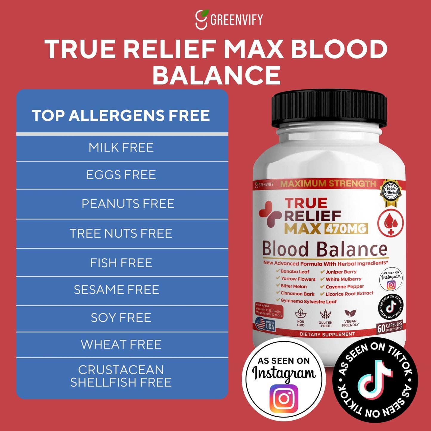 GREENVIFY True Relief Max Blood Balance Support Capsules, 60 Count
