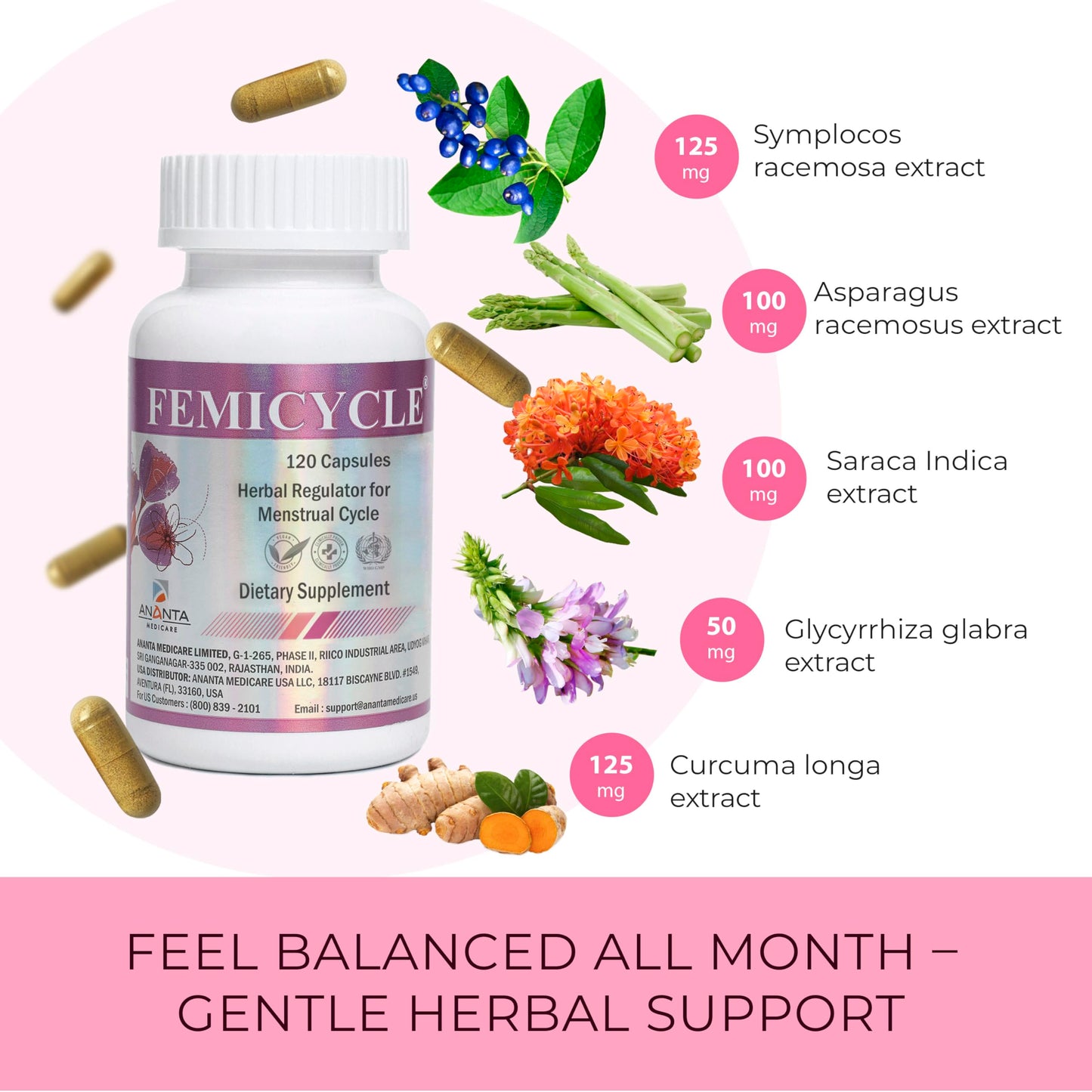 Ananta Medicare USA FEMICYCLE Herbal Supplement for Women, Capsule, 120 Vegan Capsules