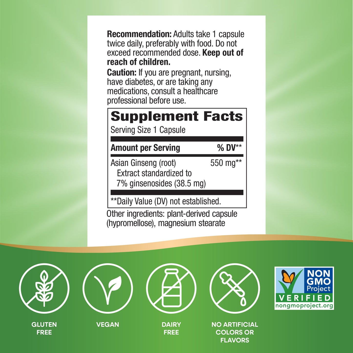 Nature's Way Asian Ginseng Standardized Extract, Fights Fatigue*, Adaptogenic Herb*, 550 mg per Serving, Non-GMO Project Verified, 60 Vegan Capsules