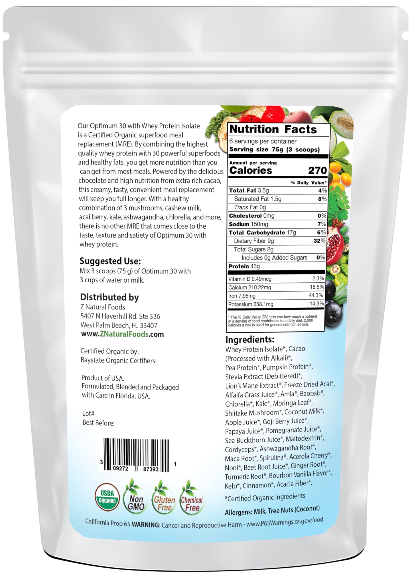 Z Natural Foods Optimum 30 Organic Chocolate Whey Meal Replacement Powder, 16 Ounce