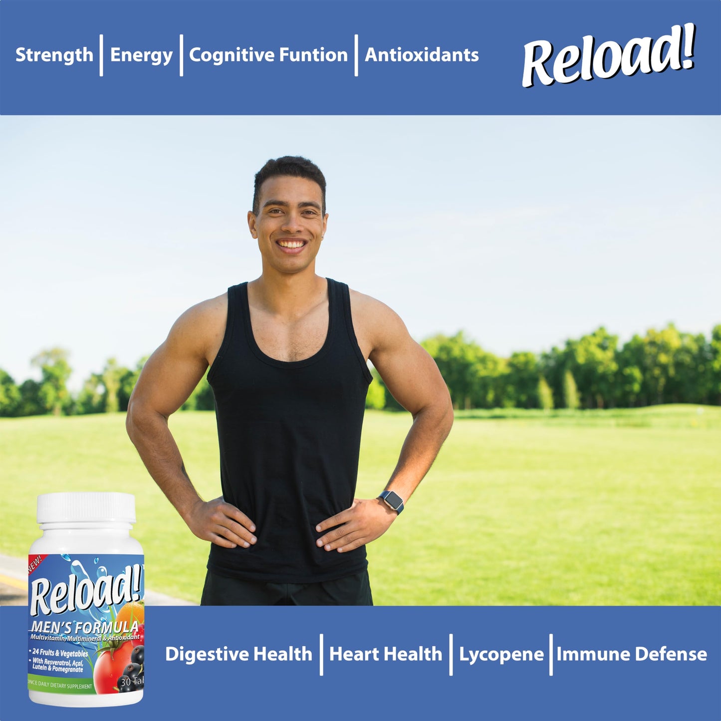 Reload! for Men All Natural Multivitamin, Multimineral, and Antioxidant with 24 Fruits and Vegetables Tablets, 30 Count